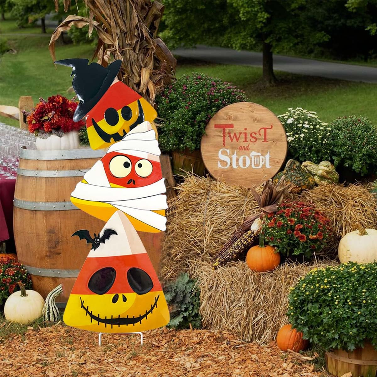 SMATOLS 3 Packs Halloween Garden Stakes, Stacked Metal Candy Corn Lawn Decor, Halloween Decorative 3D Yard Signs Stake for Outdoor Front Garden Pathway Decorations