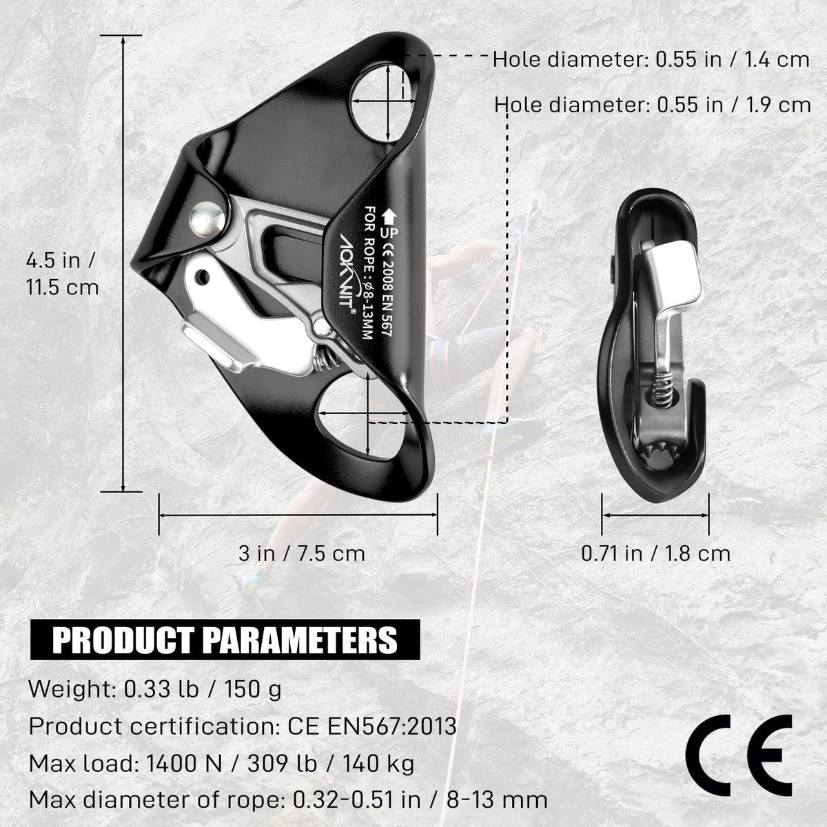 Chest Ascender Tree Climbing Gear Rope Grab High Strength Aluminum Alloy Rappelling Equipment CE Certified for Rock Climbing Rescue Aerial Work Mountaineering Caving Arborist Work 8-13mm Ropes (Black)