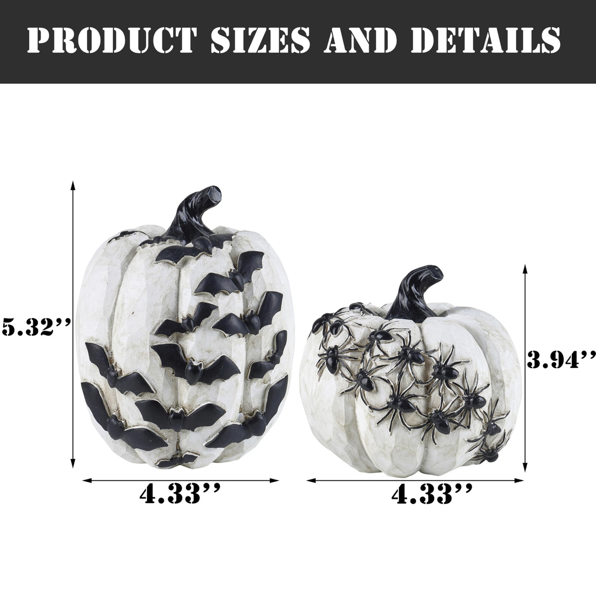 FESTGLOX Resin Halloween Pumpkins with Bats and Spiders, 2Pcs White and Black Pumpkin Decor, Small Decorative Pumpkin for Halloween Decorations, Home Tabletop Indoor Party Decor