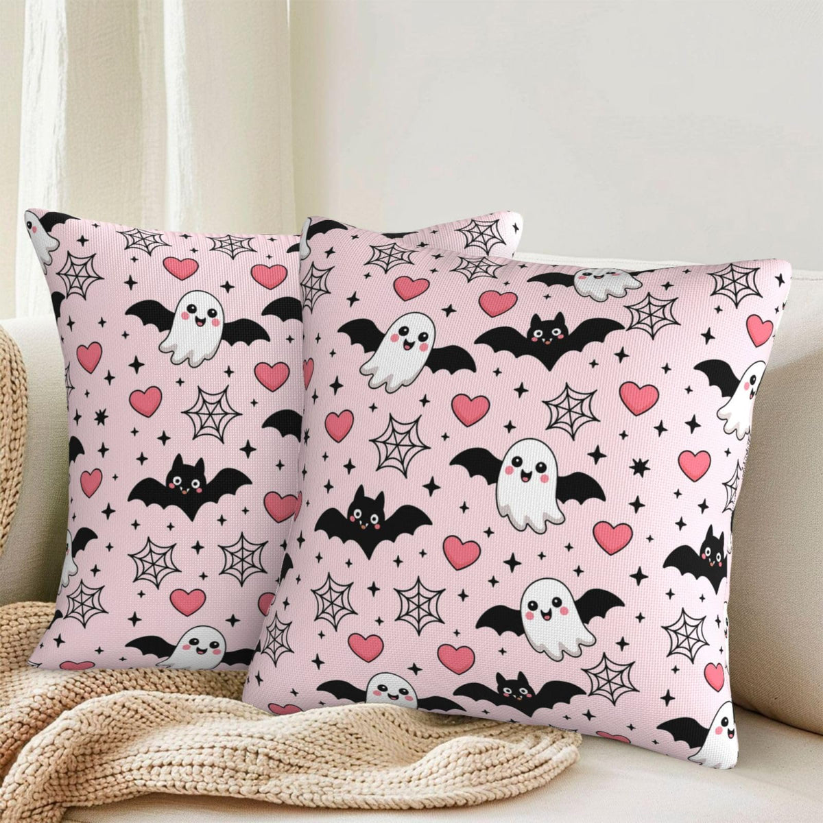 Halloween Pink Cute Ghost Bats Heart Decorative Pillow Covers 16x16 Inch Set of 2 Rustic Boho Flower Outdoor Throw Pillows Neutral Farmhouse Decoration Cushion Cases for Sofa Couch Bed Decor
