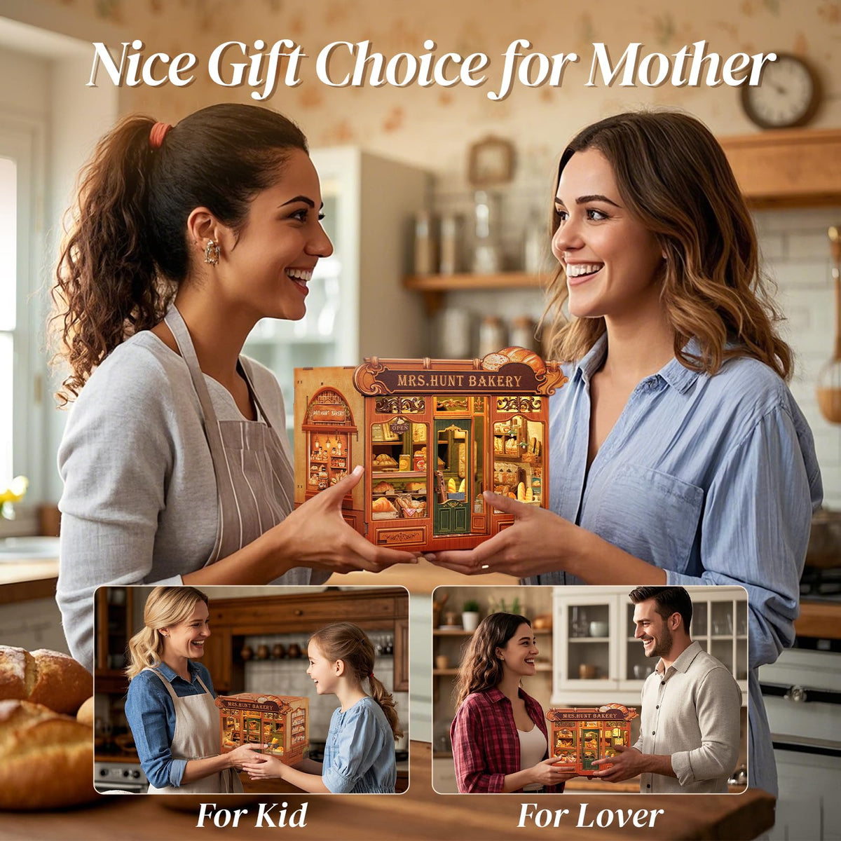 Cutefun Book Nook Kit - DIY Miniature Bread Shop Booknook Kits for Adults and Teens, 3D Wooden Puzzle Bookend Bookshelf with LED Light, Creative Crafts Gifts for Book Lovers (Mrs.Hunt Bakery)