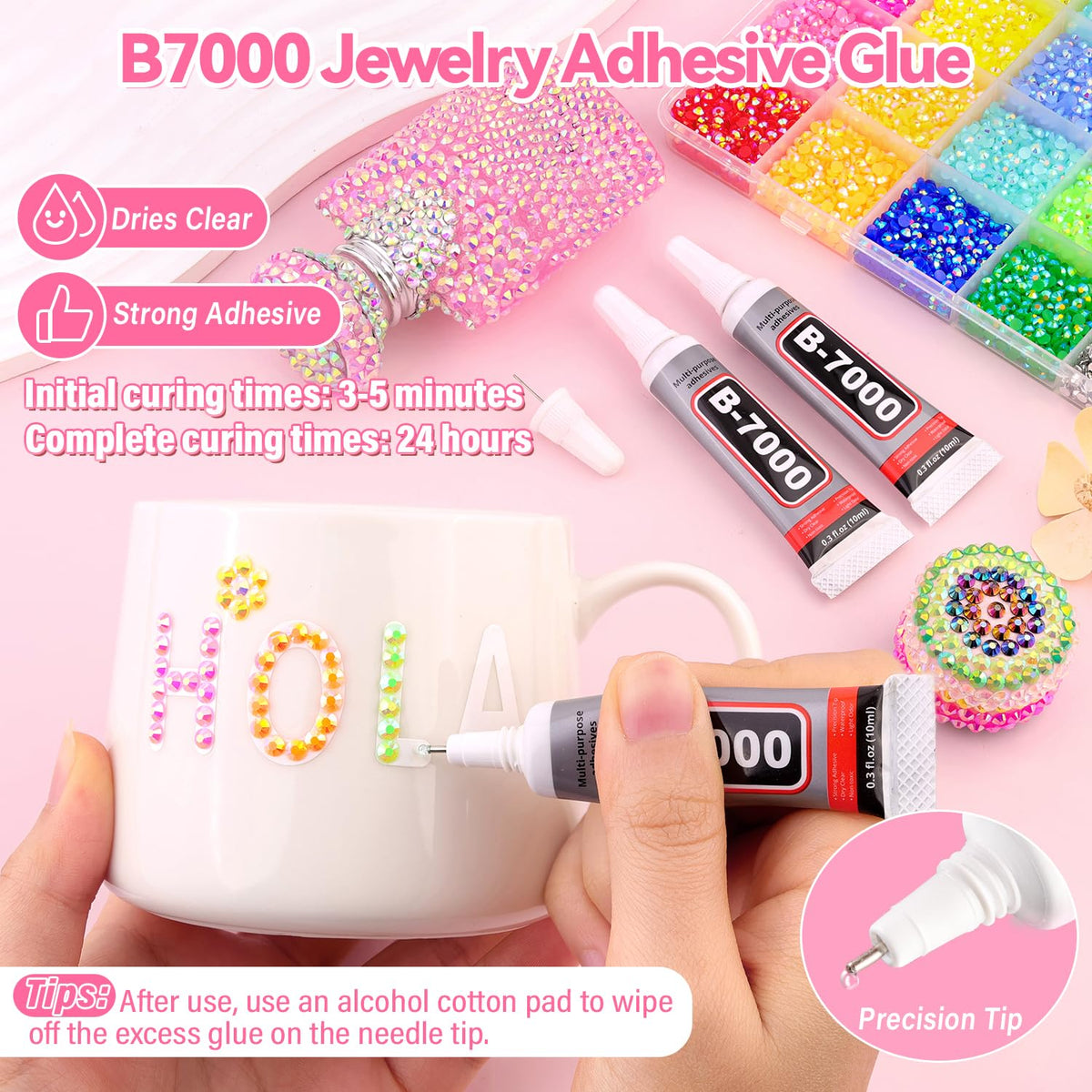 40000Pcs Resin Rhinestones for Bedazzling Kit, 2 Boxes Multicolor 3mm & Clear 3/4/5/6mm Bedazzled Crystal, Flatback Gems with 3Pcs 10ml B7000 Jewelry Glue for DIY Crafts Clothing Nail Art Makeup