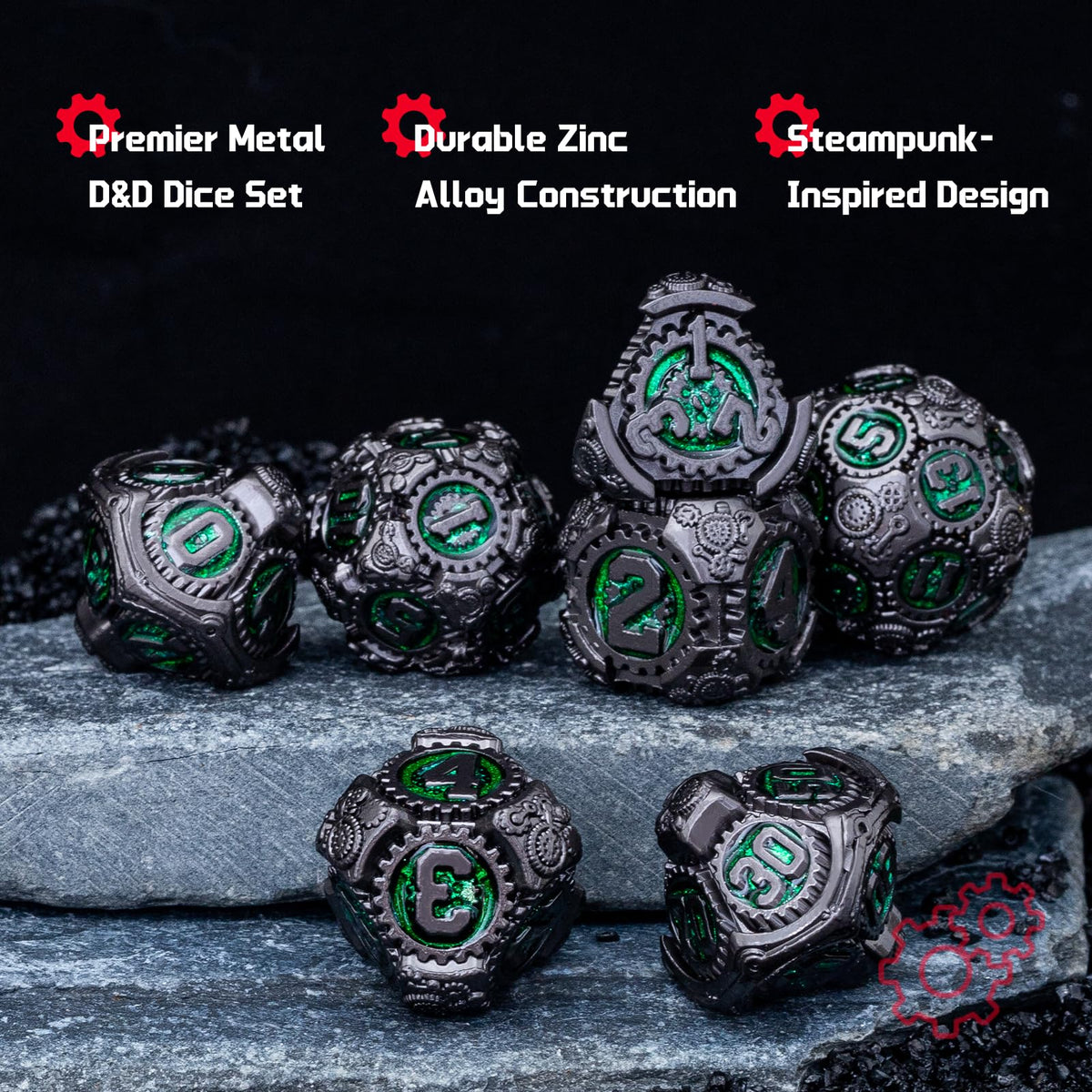 Rolledomain Metal DND Dice Set, Green Steampunk Machinist Gear Heavy Metal Dice Set with Gift Case, Dice Gift for D&D DM and Players, Designed for Dungeons and Dragon, MTG, TTRPG Role Playing Games