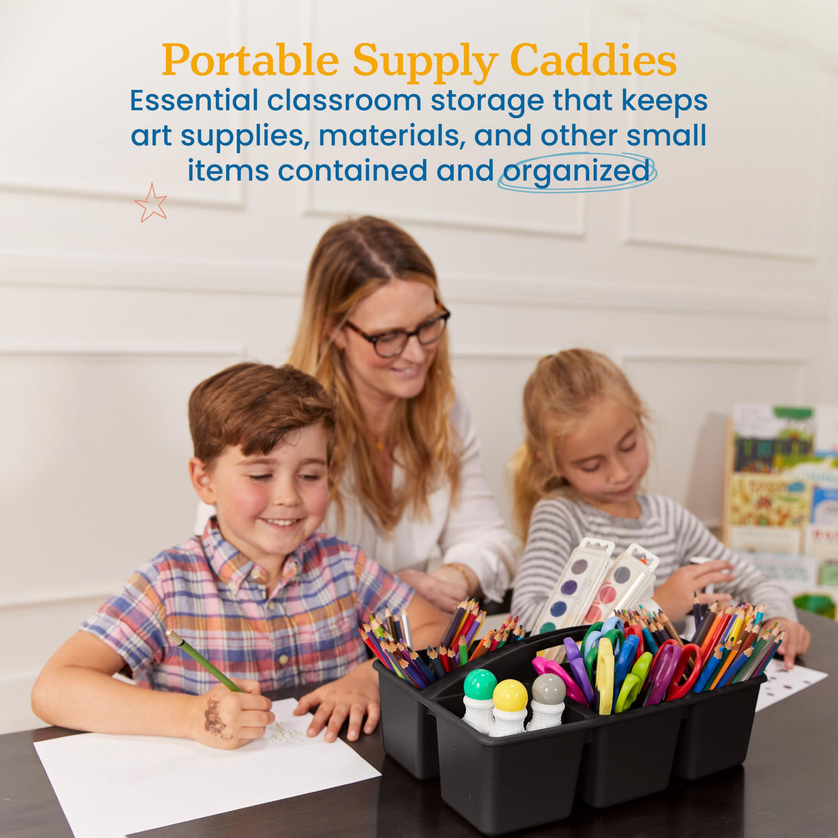 ECR4Kids 6-Compartment Large Plastic Caddy, Multipurpose Organization, Black, 6-Pack