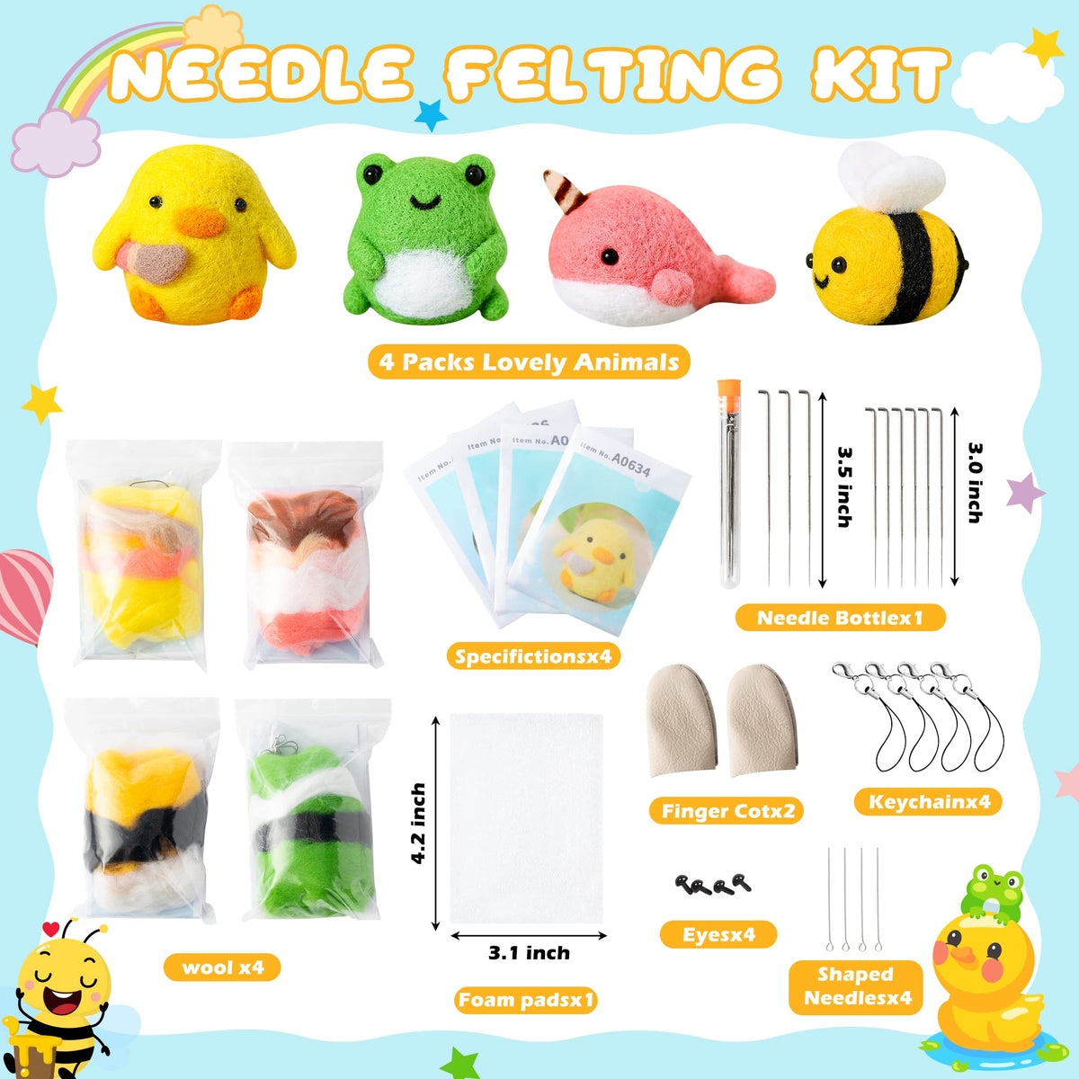 WATINC Set of 4 Cute Animal Needle Felting Starter Kit Frog Chick Bee Narwhal Animal Doll Wool Felting Tools Felt Needles Foam Mat DIY Needlework Craft Party Supplies for Beginners Adults