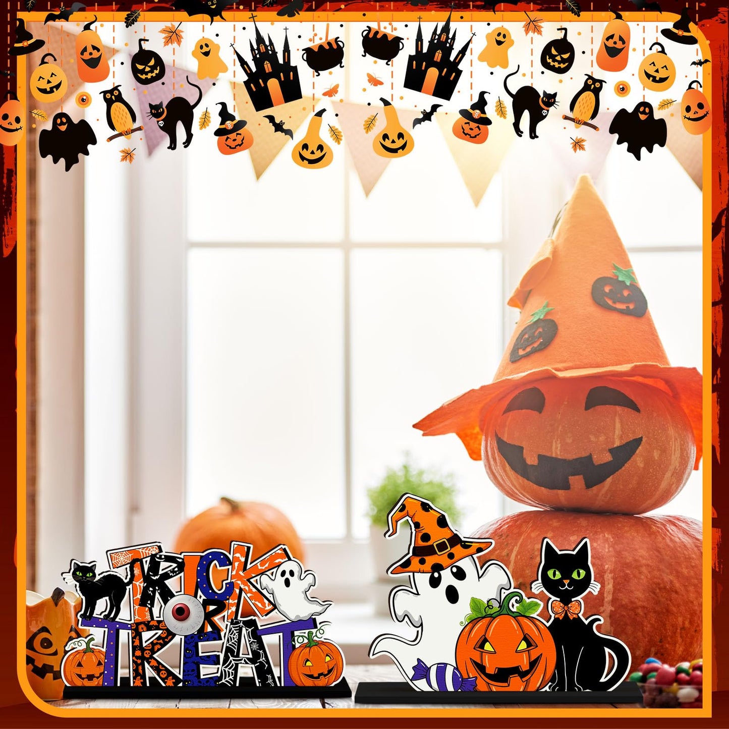 CroBlissful 6 Pcs Halloween Table Centerpiece Decorations Trick or Treat Pumpkin Ghost Wood Centerpiece Happy Halloween Boo Spooky Wooden Signs Table Decor for Living Room Office Kitchen Party Decor