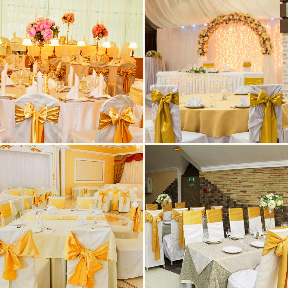 50 PCS Satin Chair Sashes Bows Decorative Universal Chair Cover Chair Ribbon Ties Back Sash for Wedding Party Ceremony Reception Hotel Events Banquet Restaurant Home Kitchen Decor(7 x 108 inch,Gold)