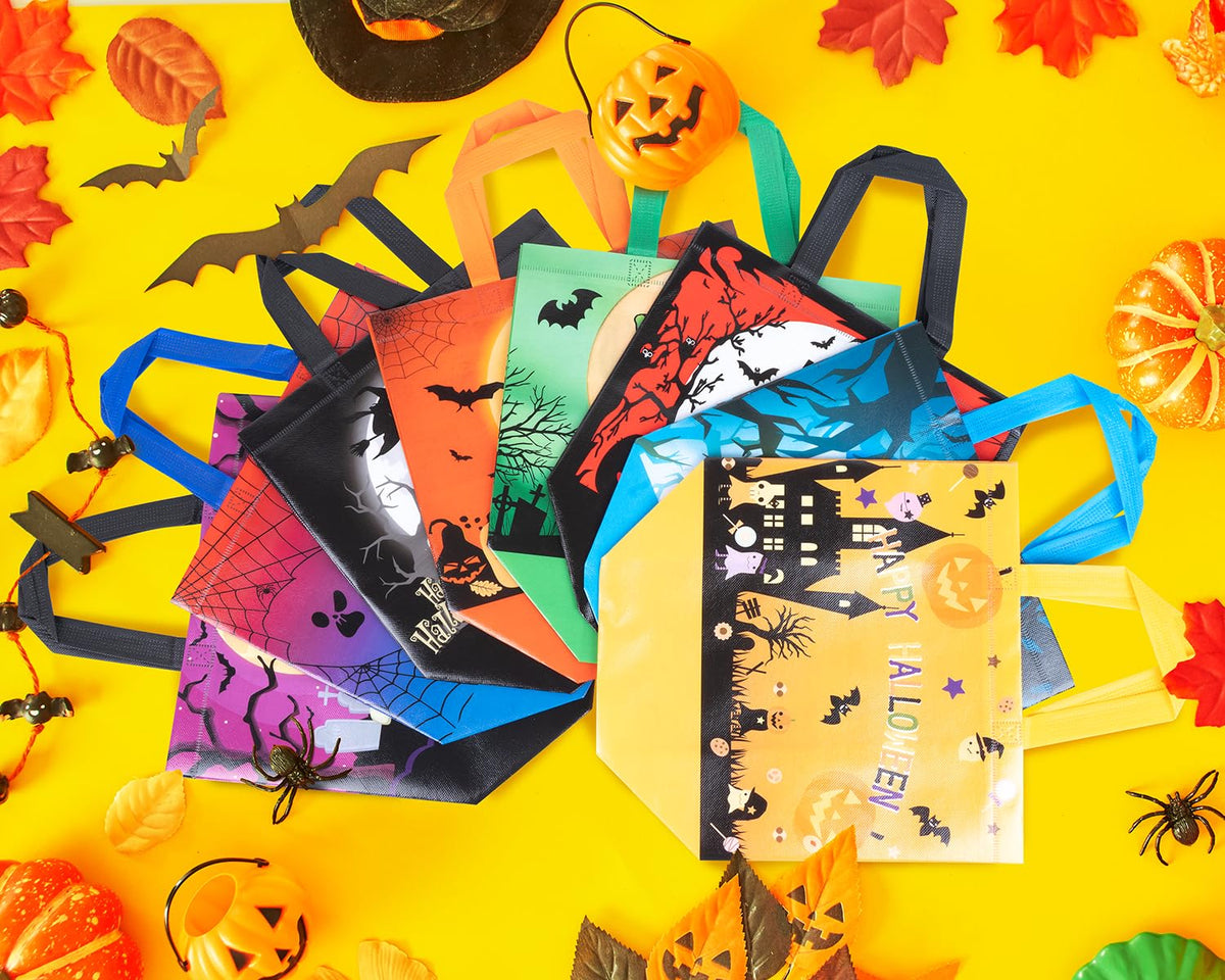 XiaosRen 16Pcs Multifunctional Non-Woven Tote Bags with Handles, Large Reusable Happy Halloween Bags for Gifts, Party Supplies, 12.6x10x6.7
