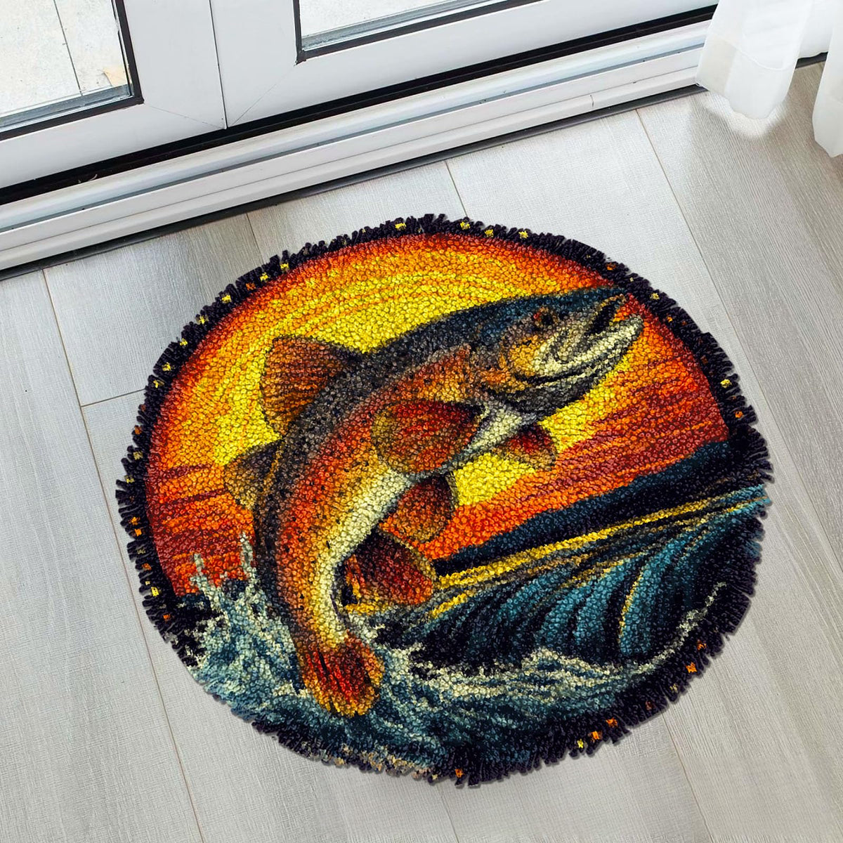 Latch Hook Rug Kit for Adults Trout Fish Jumping Out River and SunsetStamped Handmade Round Shape Carpet Crochet Yarn Craft DIY Hook and Latch Door Mat Tapestry for Home Floor Decor 50x50cm(6)