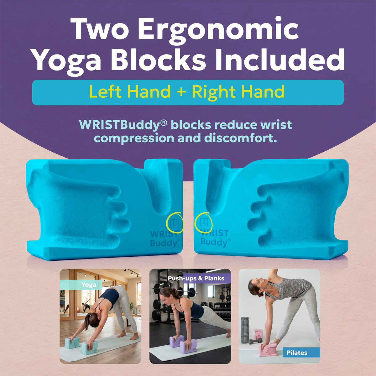 WRISTBuddy® Hand-Shaped Ergonomic Yoga Blocks for Optimal Wrist Support During Yoga, Pilates, Pushups, Planks, and Handstands - Patented Non Slip Blocks for Enhanced Stability and Comfort.