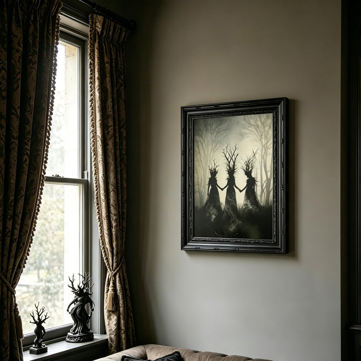 Framed Witch Canvas Wall Art,Occult Painting Picture Wall Decor,Dark Moody Poster Print Artwork,for Bedroom Living Room Halloween Party Home Decoration 9x11in