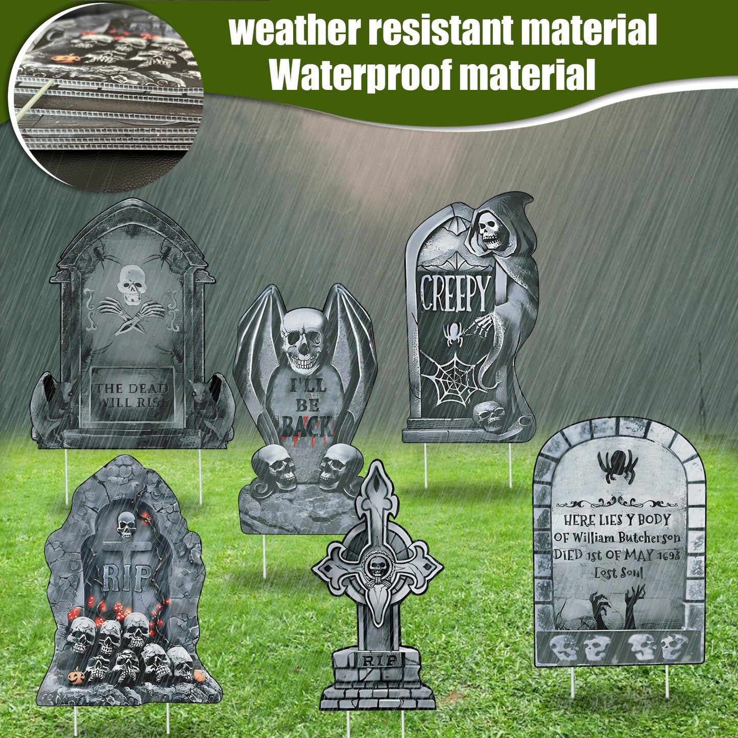 VQOIHP Halloween Tombstone Yard Signs with Stakes，Large Eerie Graveyard Design 6 PCS, Outdoor Garden, Lawn Decor, Yard Lawn Decorations Outside for Halloween Party Props