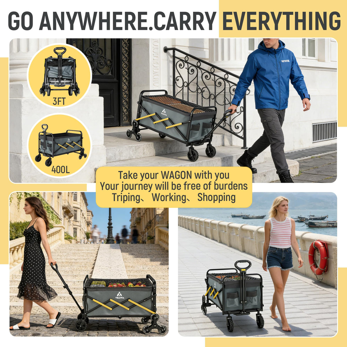 Folding Utility Cart with Triangular Wheels - 2 in 1 Collapsible Stairs Climbing Wagon, Lightweight Shopping Hand Truck with Telescoping Handle for Groceries, Laundry, Travel, Move, Office