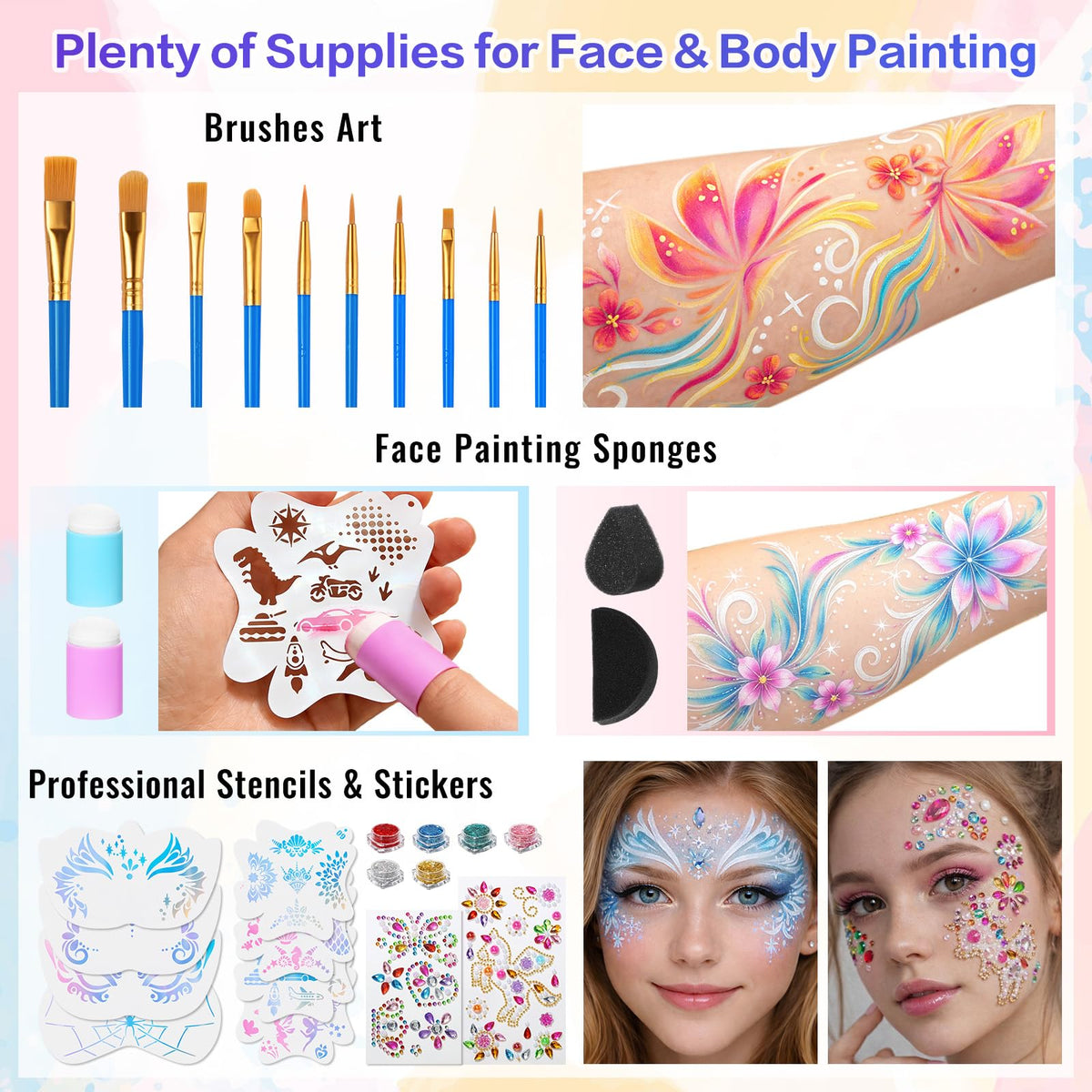 Face Painting Kit - 42 Colors Professional Face Paint Makeup Kit, Non-Toxic Water Activated Body Palette with Brushes, Stencils, Glitter, Gem, Sponge for Halloween, Arty Makeup & Cosplay Party
