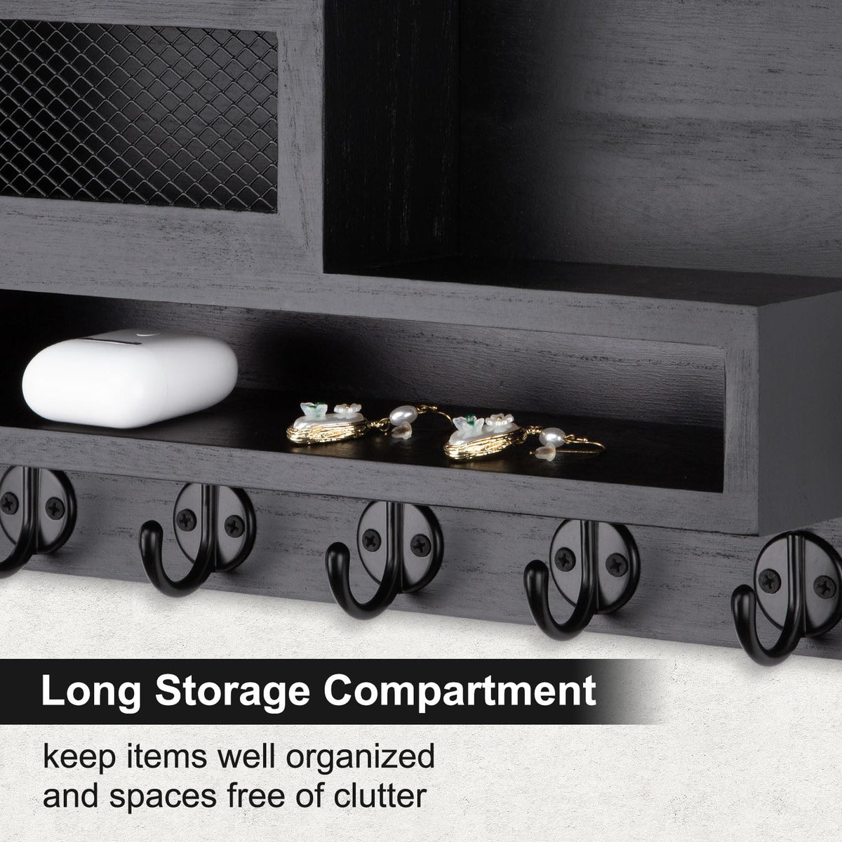 Lucundm Key and Mail Holder Wall Mount, Key Hanger with Long Storage Box and 5 Hooks for Coat, Dog Leash, Home Decor Rack, House Accessories, Entry Way Organizer 11.8”W x 7.8”H x 3.2”D
