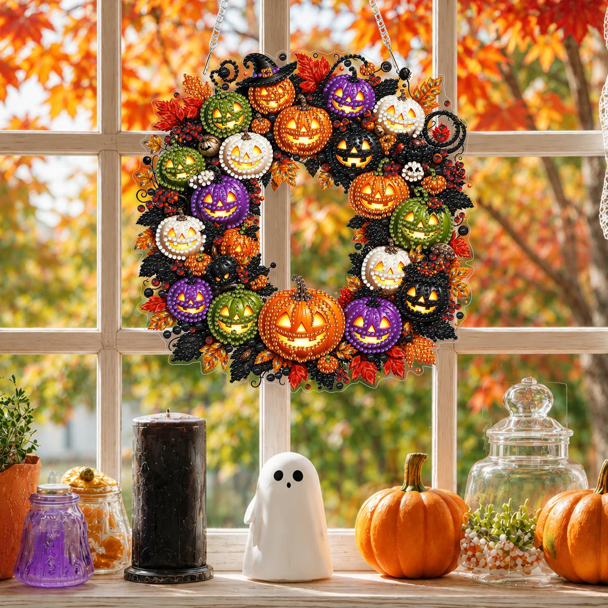Yunzlly DIY Hanging Halloween Diamond Art Pendant Kit, Special Crystal Pumpkin Diamonds Painting Ornament Kit for Adults Acrylic Board Gem Painting Kit (Pumpkin Wreath)