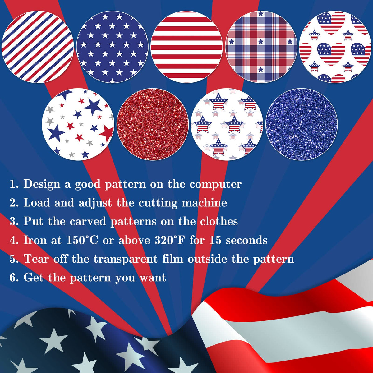 Whaline 9 Sheet Patriotic Heat Transfer Vinyl 4th of July Glitter Iron on Vinyl American Star Pattern HTV Adhesive Craft Vinyls for 250th Anniversary Independence Day DIY Fabric Craft, 9.6 x 11.8 Inch