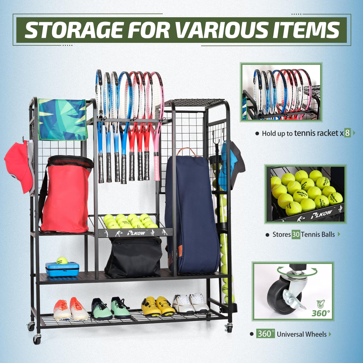 PLKOW Tennis Bag Organizer Tennis Racket Storage Rack, Extra Large Tennis Equipment Holder for Bags, Balls, Racquet & Accessories, Heavy-Duty Gear Organizer for Garage, Club, or School