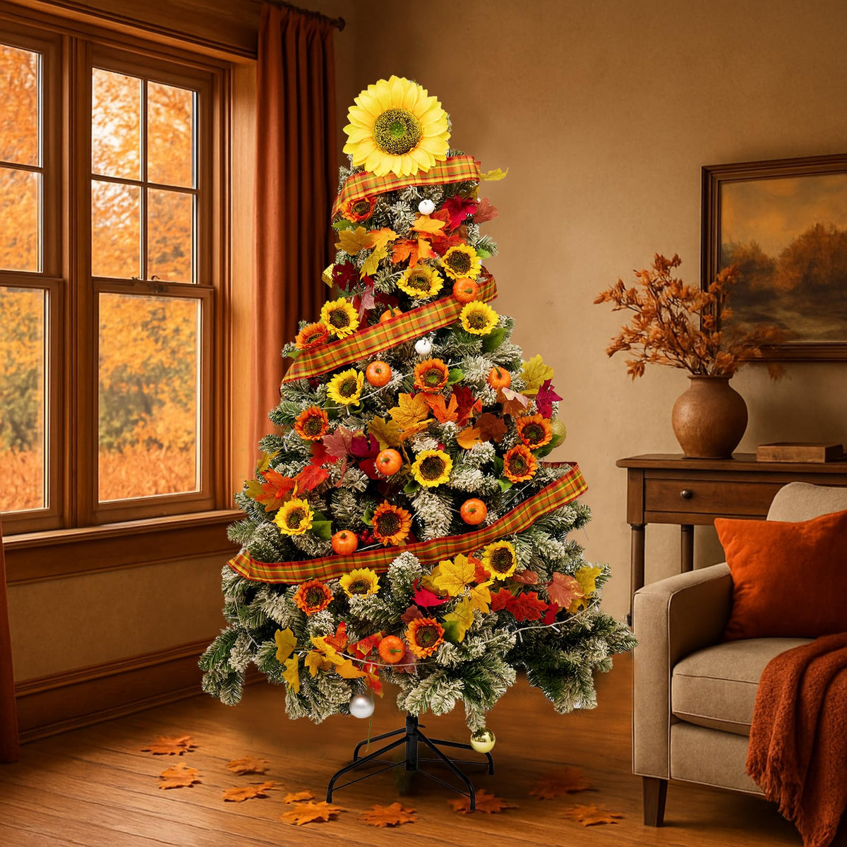 39 Pcs Fall Maple Leaf Sunflower Tree Decoration Set Leaf Garlands 2.5 Inch × 9.8 Yd Orange Harvest Ribbon Sunflower Pumpkin Thanksgiving Hanging Decor for Fall Autumn Thanksgiving Tree ﻿