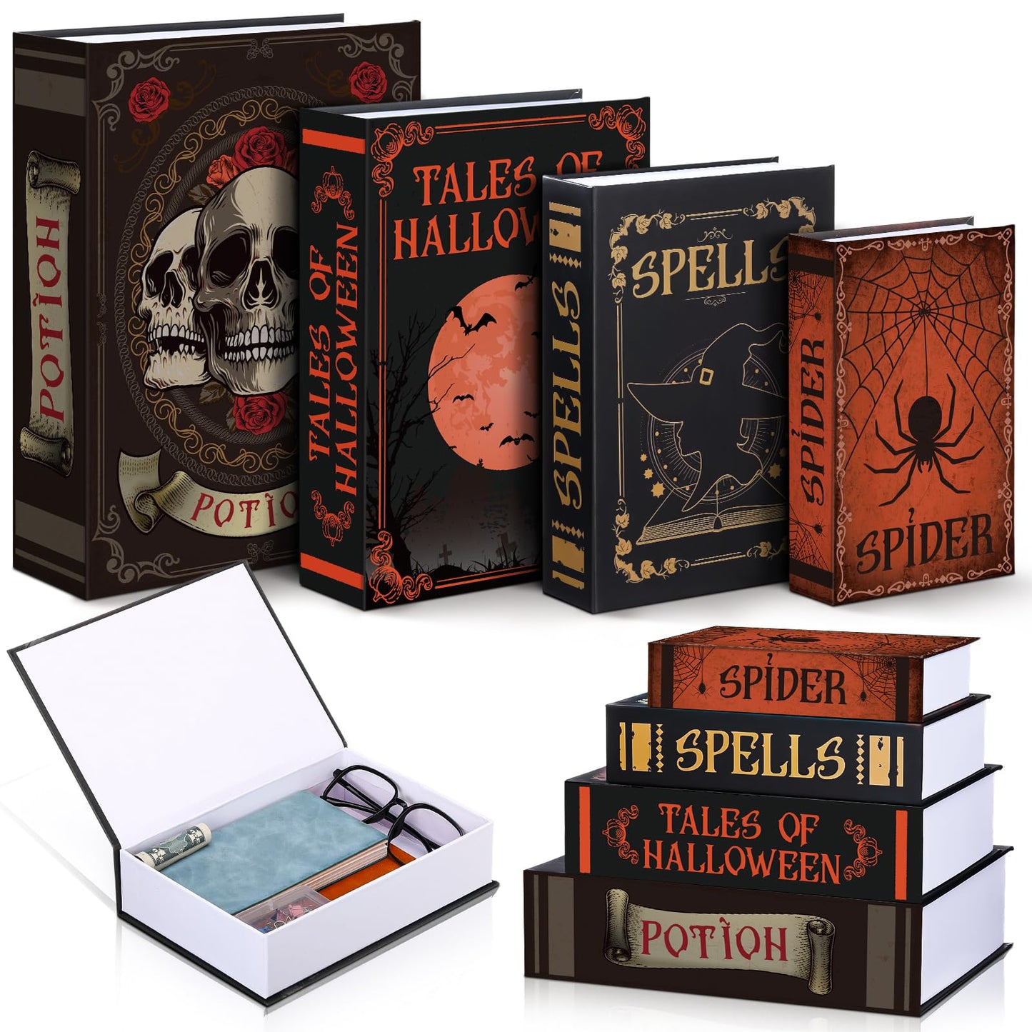 Sabary Set of 4 Decorative Books Boxes Faux Books Stacked for Coffee Tables Modern Home Bookshelves DIY Crafts Decor (Skull Style)