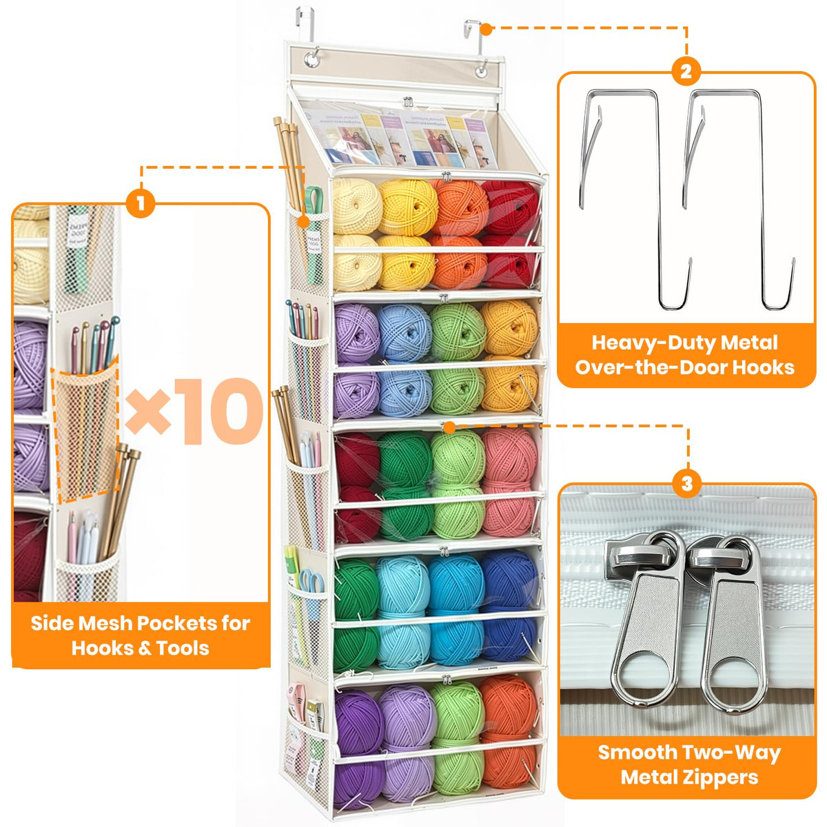 LASTORA Heavy-Duty Oxford Hanging Yarn Storage Organizer with 6 Tiers, Odorless Over the Door Yarn Holder for Crochet and Knitting Lovers, 5 Large Pockets + 1 Tool Section