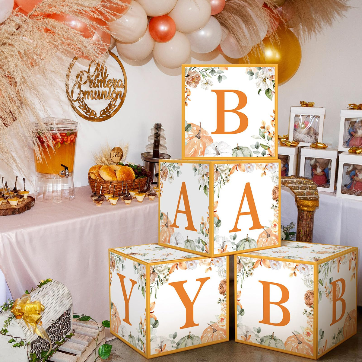 AmazingSpark 4 Pcs Little Pumpkin Baby Shower Boxes with Letters Fall Pumpkin Candy Box Decor with Letters Blocks Baby Shower Centerpiece for Party Backdrop