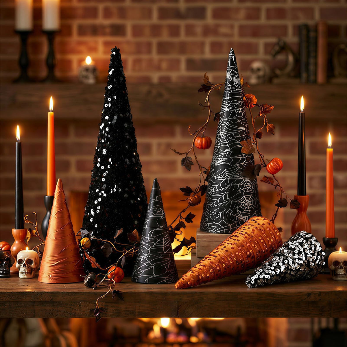 6 PCS 12" 10" 6" Cone Tree Decorations Halloween Sequin Satin Table Centerpieces Decor Black Orange Spider Web Halloween Tiered Tray Ornament Xmas Tree for Home Entryway Tabletop Centerpiece Decor