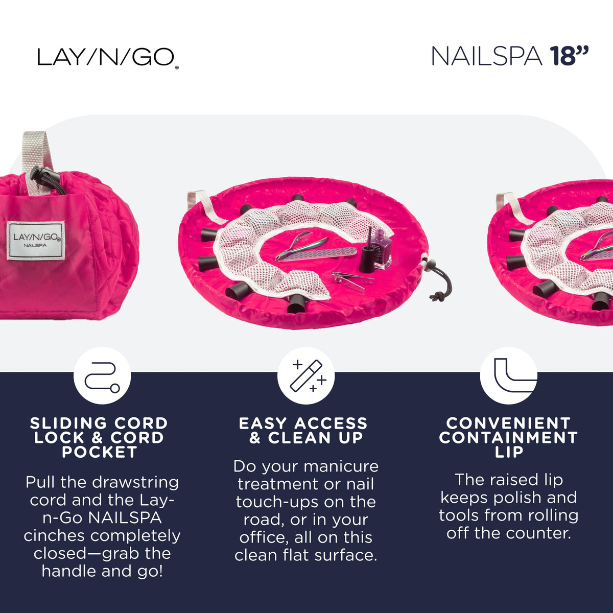 Lay-n-Go NailSpa 18″ Portable Nail Station Supplies & Cosmetic Lay Flat Organizer Bag— Travel Manicure Kit w/Mesh Pockets & Machine Washable (Pink)