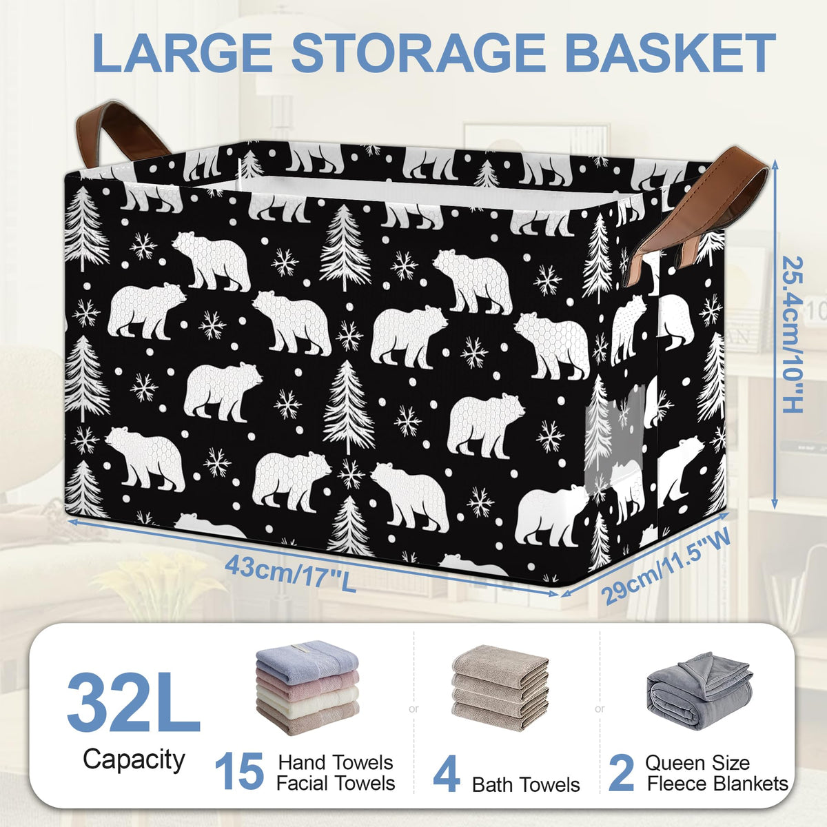 Masarua Bear Forest Collapsible Storage Box,Snowflake Winter Organizer Bin with Handles for Room Decoration,Bins Book Basket Box 17x11.5x10Inch