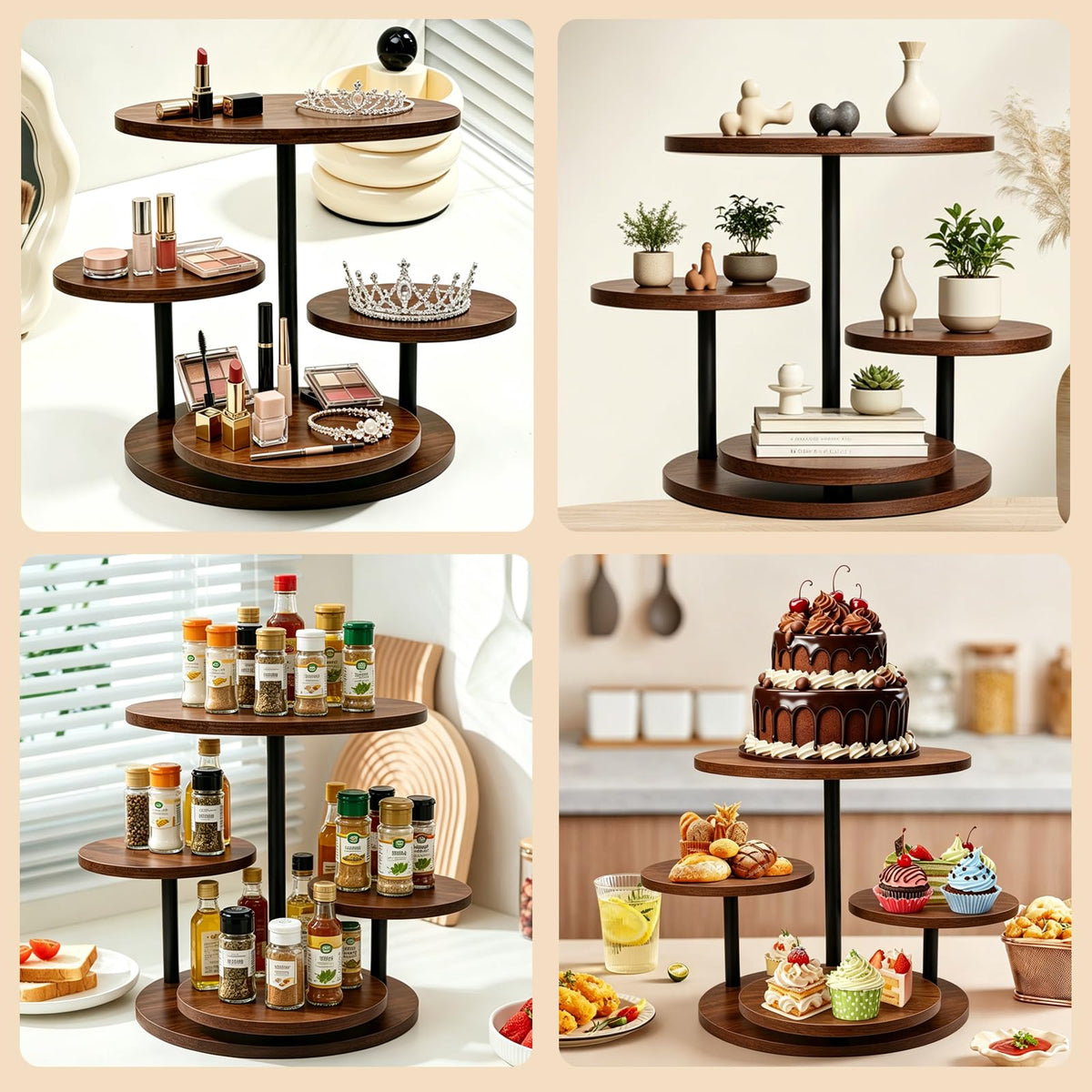 4 Tier Round Cupcake Tower Stand for 50 Cupcakes, 360° Rotating Wood Cake Stand with Tiered Trays, Farmhouse Cookie Stand for Dessert Table Display for Wedding Birthday Baby Shower Tea Party ﻿