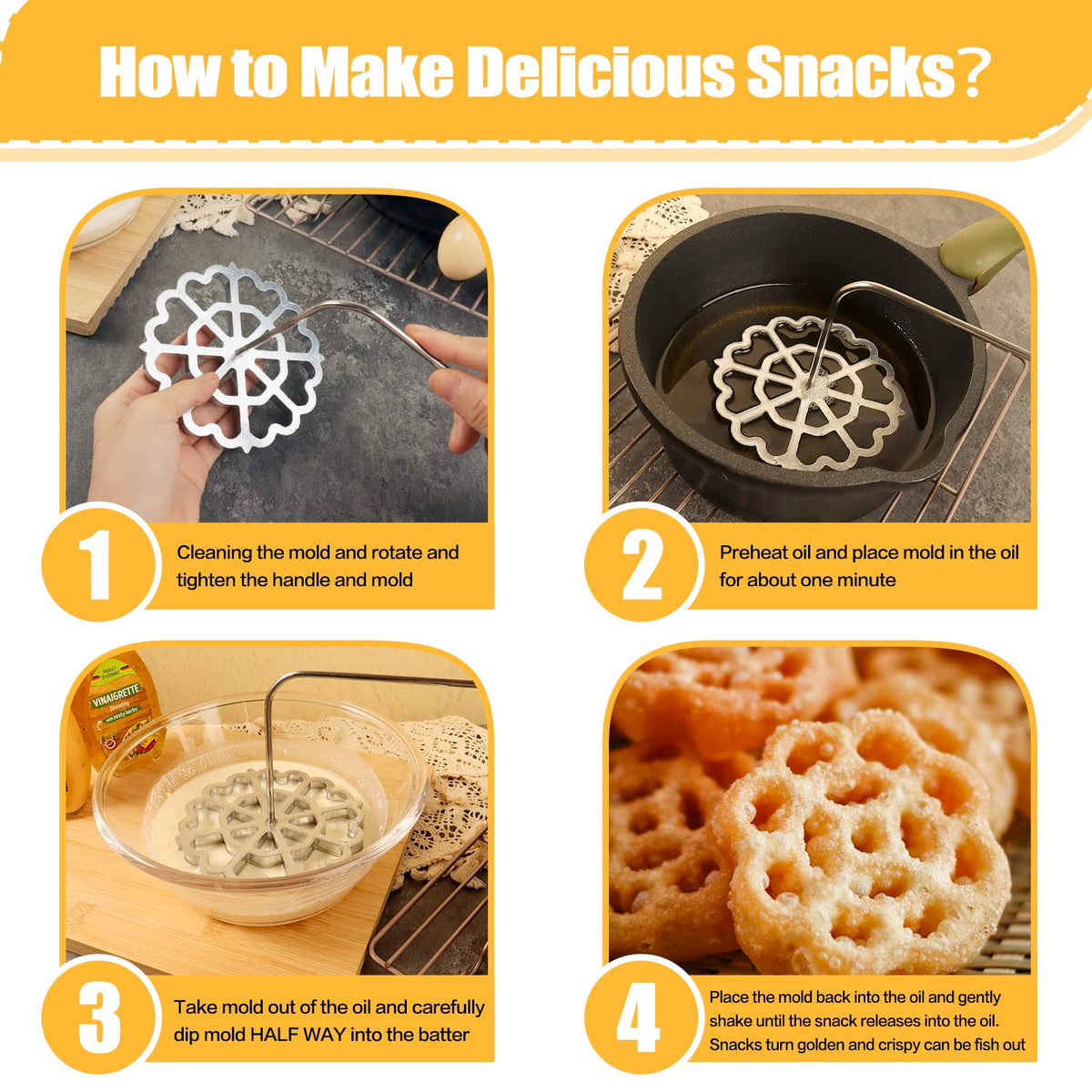 Bunuelos Mold Rosette Iron Molds Set with Wooden Handle, Lotus Flower Bunuelos Cookie Maker Mold, Funnel Cake Maker Cooking Stamp Maker Kit - 4.7 Inches
