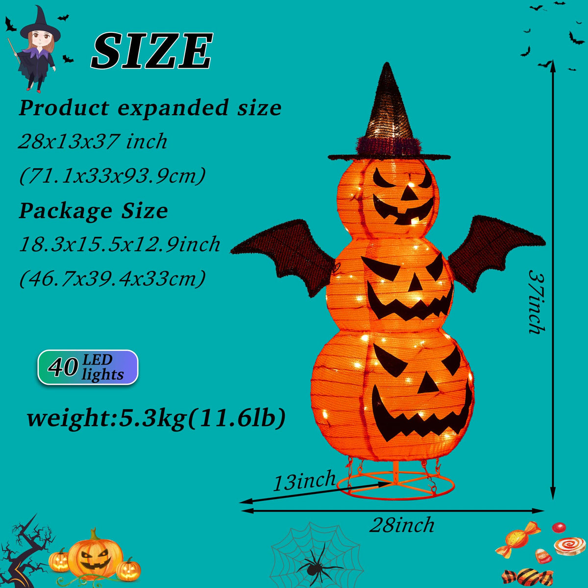 3FT-Halloween Decorations Outdoor – 37 Inch Collapsible Pumpkin Man with 40 LED Lights, Stretchable Pop Up Jack-o'-Lantern for Yard, Garden, Porch, Party Decor