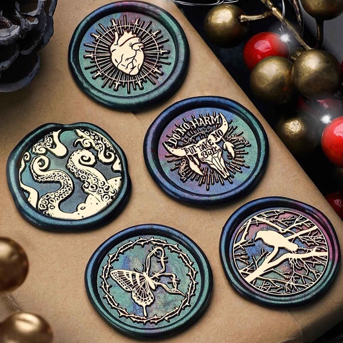 Halloween Wax Seal Stamp Kit - Ychostamp Piracy, Mushroom, Witch, Scale Sealing Wax Stamps, 7PCS Vintage Brass Seals for Spooky Envelope, Party Invitation