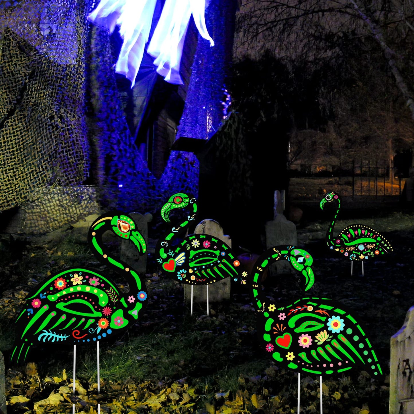 Amyhill 4 Pcs Halloween Glow in The Dark Skeleton Flamingo Yard Ornament with Stake Flamingo Outdoor Lawn Decor Scary Plastic Skeleton Yard Sign for Party