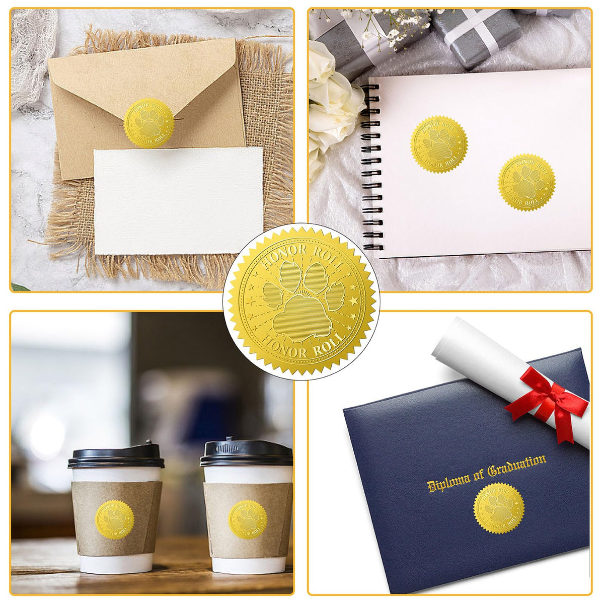 CRASPIRE 408Pcs Dog Paw Print Gold Foil Embossed Stickers 2" Honor Roll Self Adhesive Envelopes Seals Round Labels for Wedding Invitation Graduation Corporate Certificates Diplomas Gift Wrapping Decor