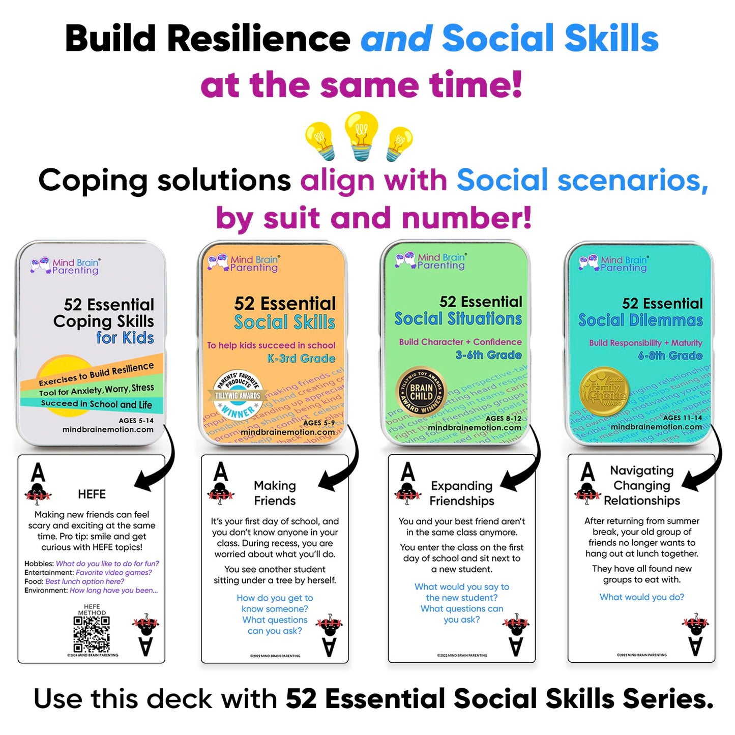 Mind Brain Emotion 52 Essential Coping Skills for Kids: Mindfulness CBT Cards for Stress, Anxiety, Anger, Executive Functioning, Coping Strategies for Anxious Generation, Family, School Therapy Game
