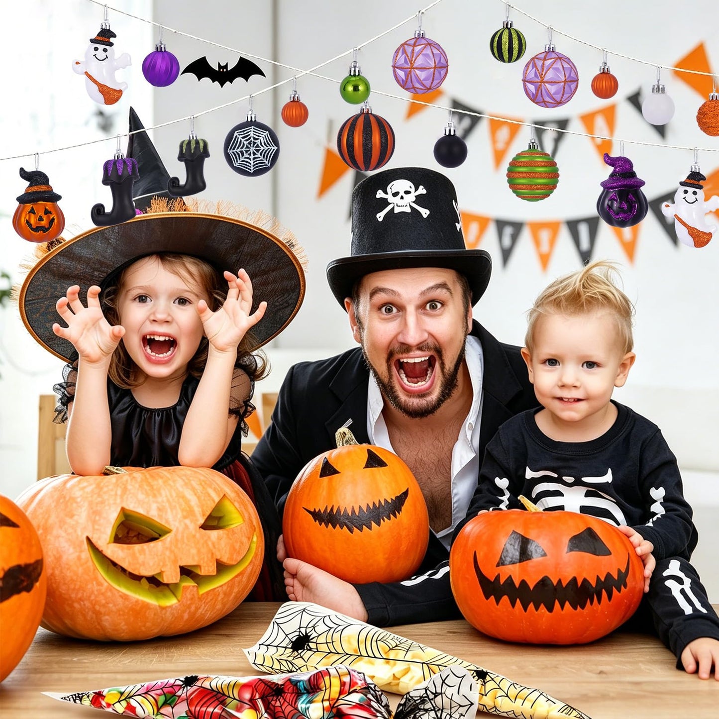 Fashlits Halloween Ball Ornaments Set, Shatterproof Halloween Tree Decorations Cute Pumpkim Ghost Spider Hanging Ornaments for Holiday Party Indoor Home Decor (35Pcs)