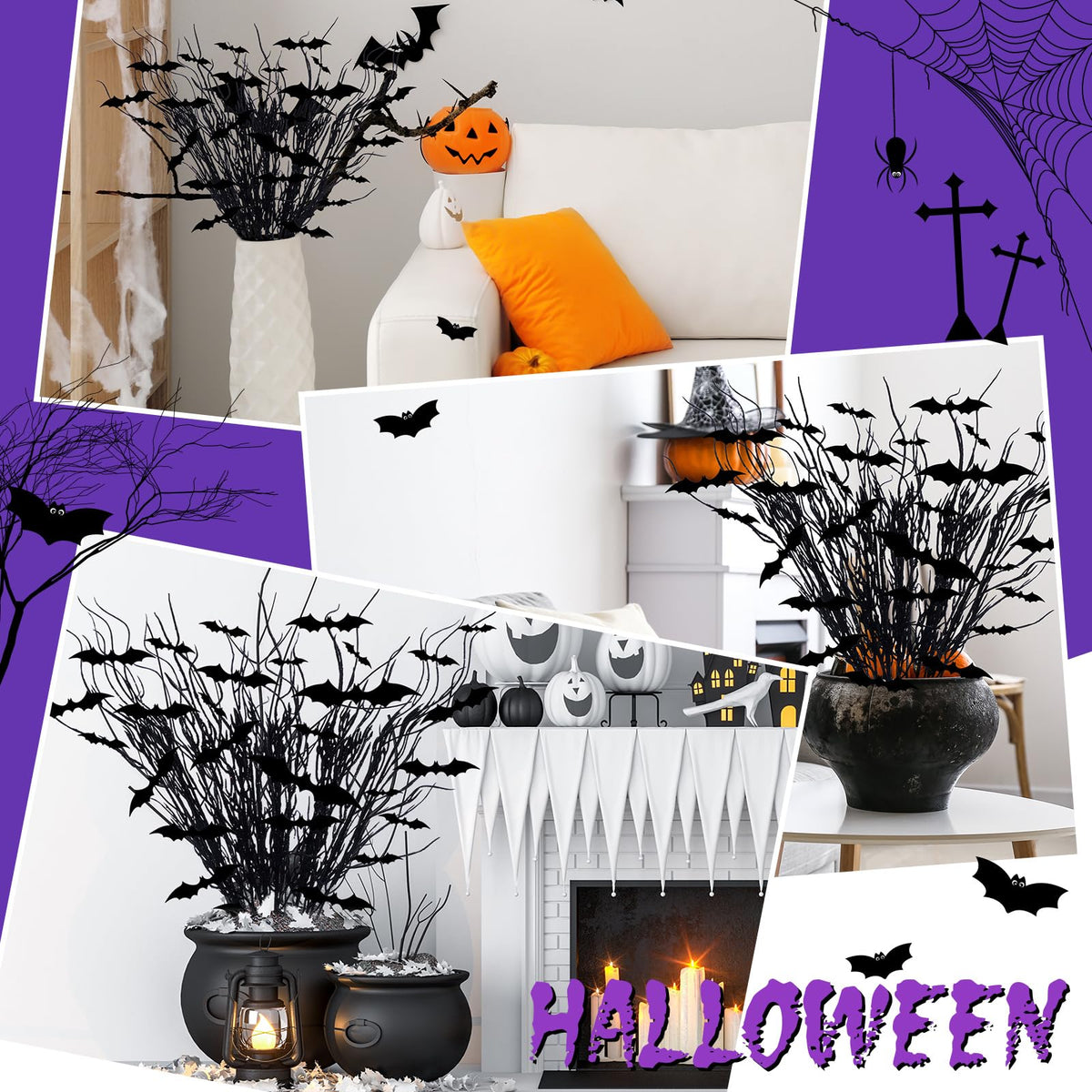 Zeyune 20 Pcs Halloween Black Artificial Branches Floral Picks Vase Filler 17.72 Inch Artificial Curly Willow and 3D Bats Wall Decals Sticker Decor Tree Glittery Flowers for Gothic Home