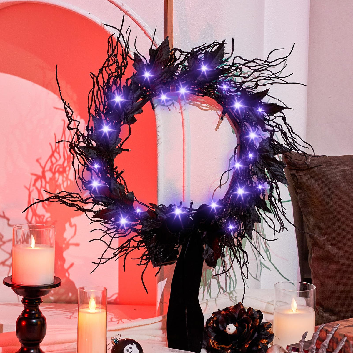 JORNOY 16inch LED Halloween Wreath with Battery Timer - Black Artificial Leaves&Silk Ribbon Decor Hanging for Front Door, Mantel, Porch, Wall, Party Decorations