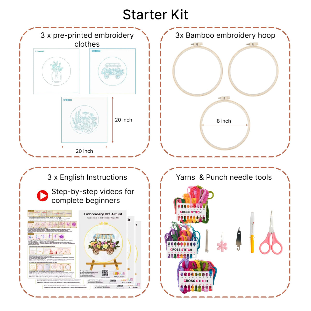 Looples Embroidery Kit for Beginners and Adults with Video Tutorials – DIY Starter Kit with 3 Stamped Floral Patterns, Hoops, Threads, Needles, and Instructions - Cart, Glass Jar, and Flowers