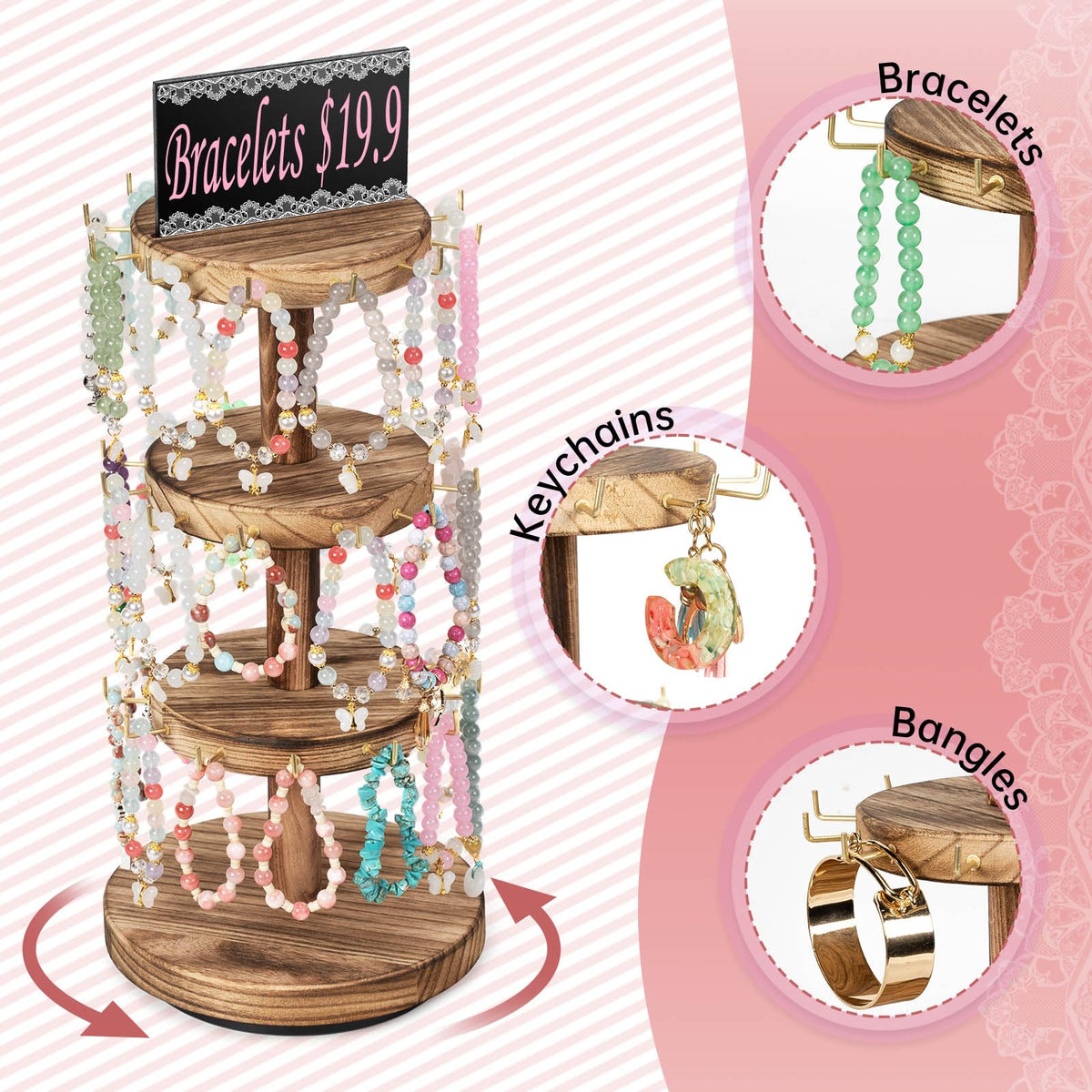 Pinzoveco Bracelet Holder, 3 Tier Wooden Rotating Bracelet Display Stand, Tree Stand Vendor Booth Display with Adversitsing Board, 36 Hooks for Bracelet, KeyChain Display Stands for Selling, Brown (Patent Pending)