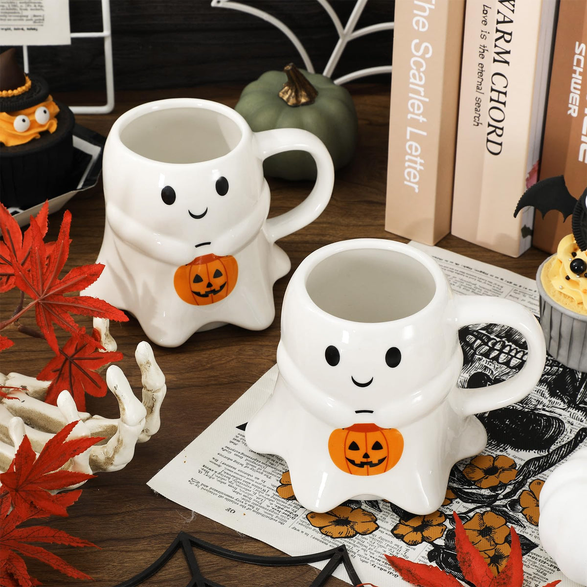 JarThenaAMCS 2Pcs 15oz Halloween Ghost Shape Mug White Ghost Pumpkin Coffee Mug Cute Boo Ceramic Drinking Cup for Halloween Party Supplies Table Centerpieces