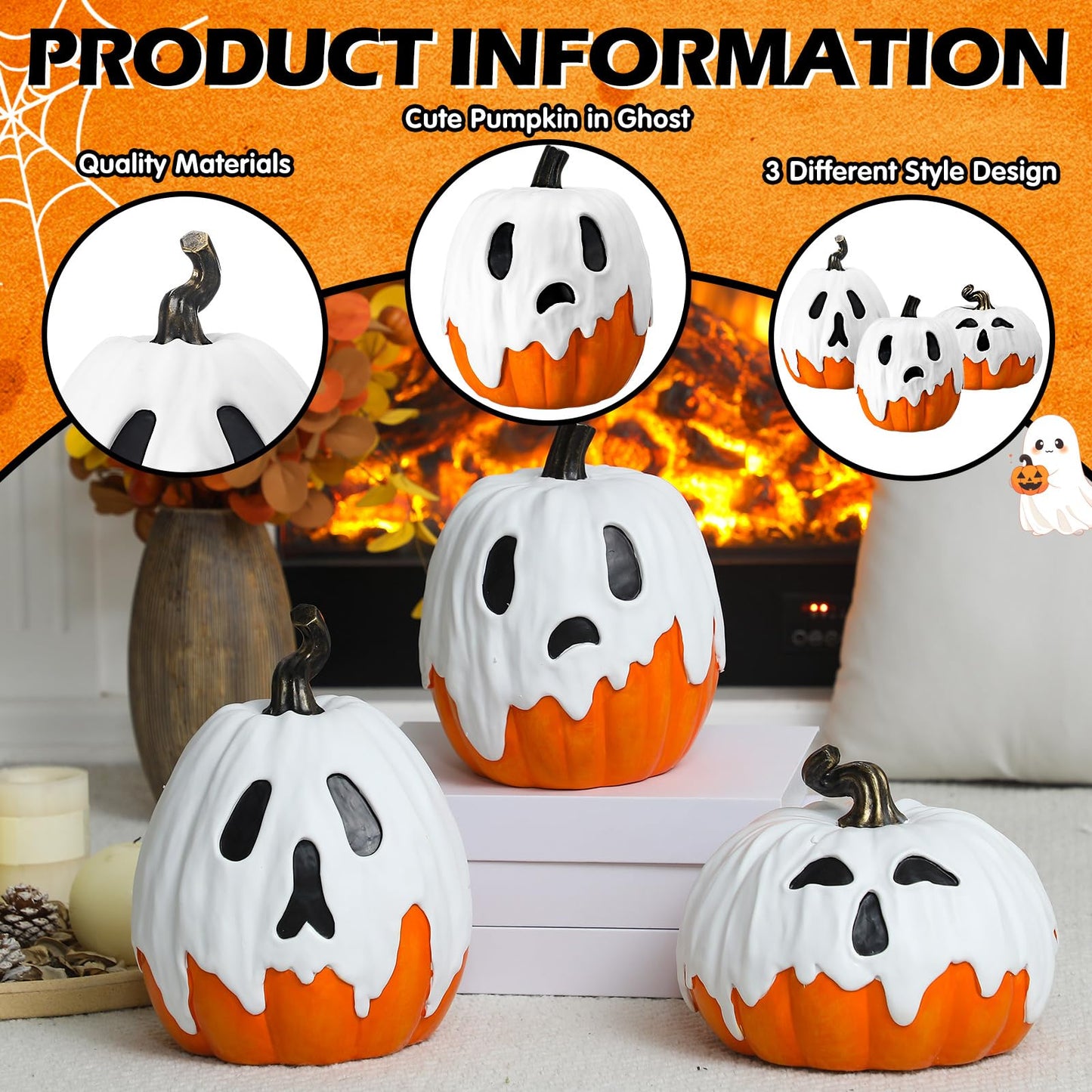 Colingmill 3 PCS Halloween Ghost Pumpkin Decoration - 9.8" 8.7" 7.1" Large Resin Jack O Lantern Ghost Pumpkin Spooky Figurine Set for 2025 Fall Statue Decoration Indoor Outdoor