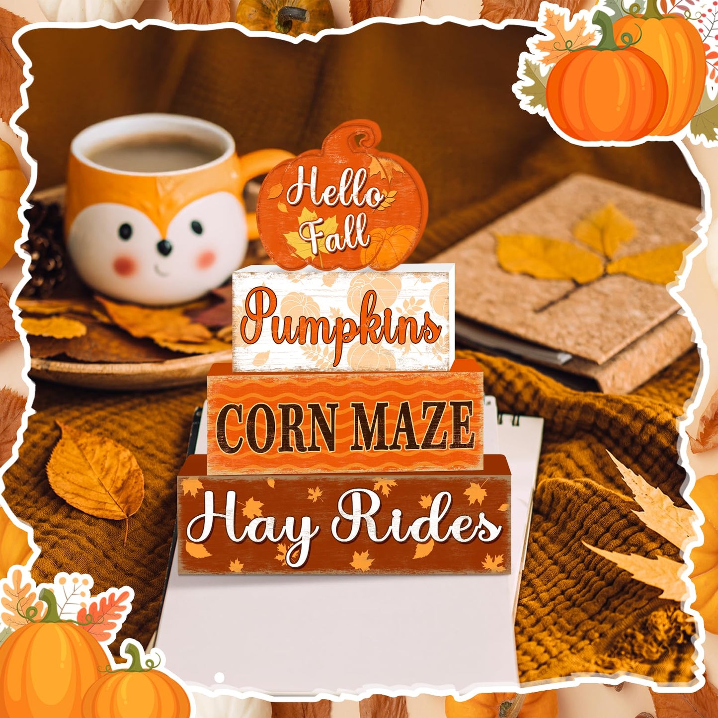 4 Pcs Fall Decorations for Home Thanksgiving Pumpkin Tiered Tray Decor, Fall Table Decor Farmhouse Rustic Wooden Pumpkin Block Sign Autumn Harvest Tabletop Centerpieces for Home Kitchen Indoor