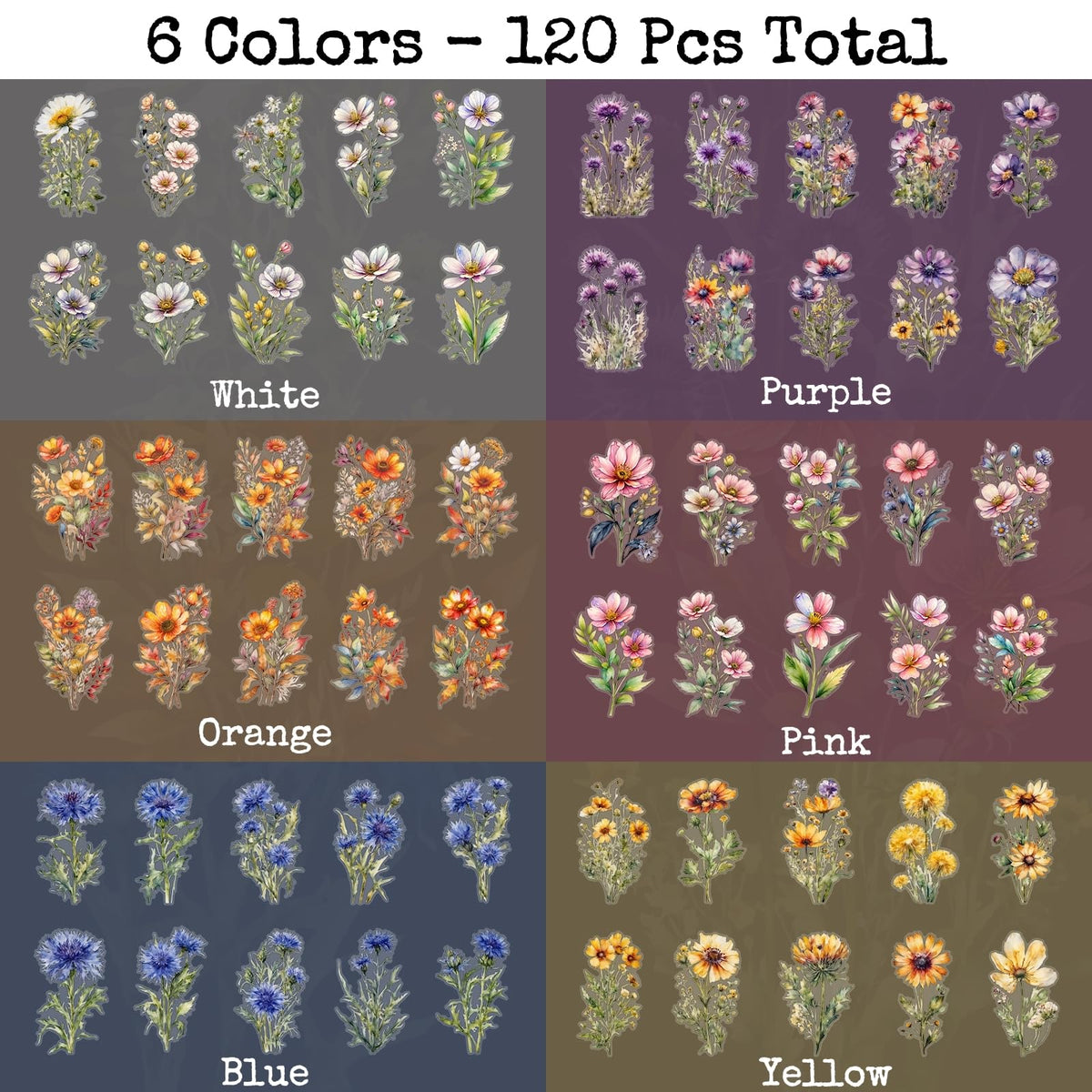 Knaid 120 Pieces Watercolor Flower Stickers Set - Big 4.7" Waterproof Clear Botanical Floral Journaling Sticker for Scrapbook Junk Journal Supplies Bullet Journals Planner Collage Laptop Paper Crafts