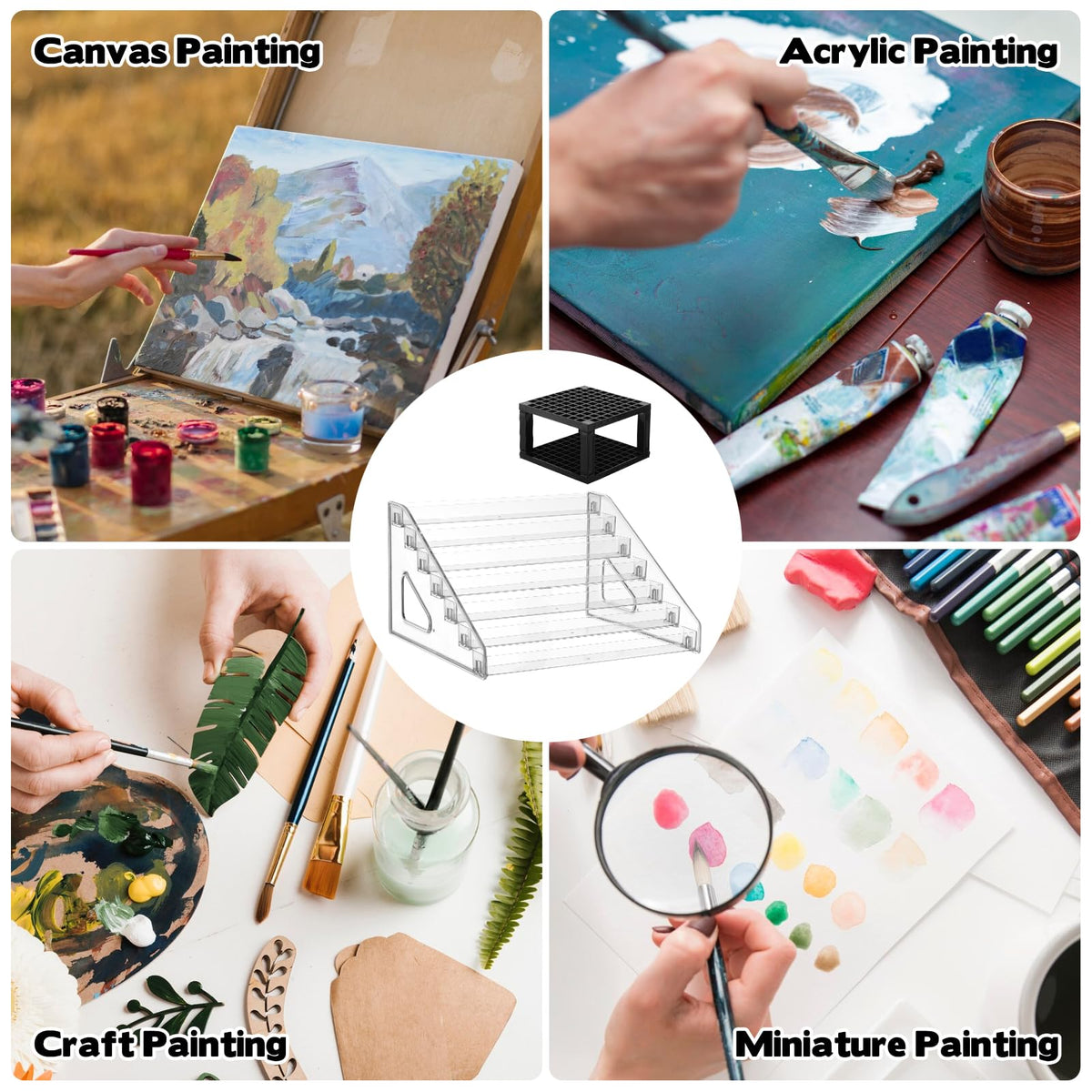 YEXEXINM 4 Pcs Clear Paint Organizer With 2 Pcs Paint Brush Holder,7 Layers Acrylic Paints Organizer Storage Rack,Craft Paints Organizers Rack