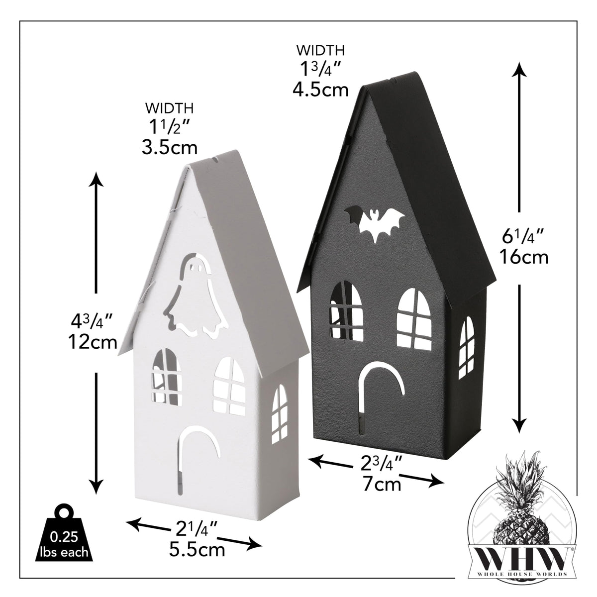 Spooky Halloween House Tea Light Candle Lanterns, Set of 2, Bat Black and Ghost Ivory, Metal, 6.25 and 4.75 Inches, Gabled Roof-Tops, Windows,