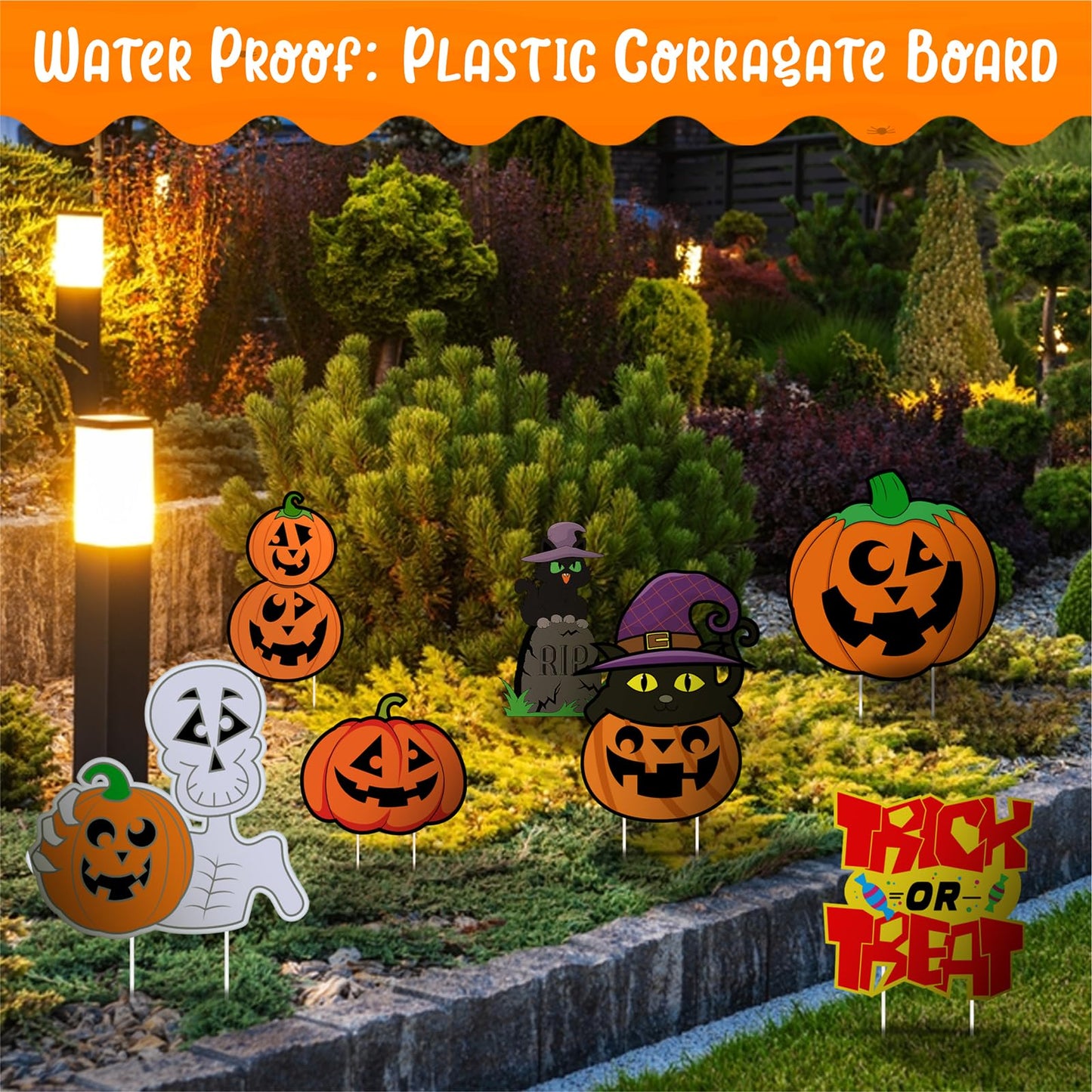 Halloween Pumpkin Decorations, Halloween Outdoor Yard Signs, Monster Stakes for Lawn Garden Decor with Pumpkin, Black Cat, Skull, TRICK OR TREAT 6 pcs