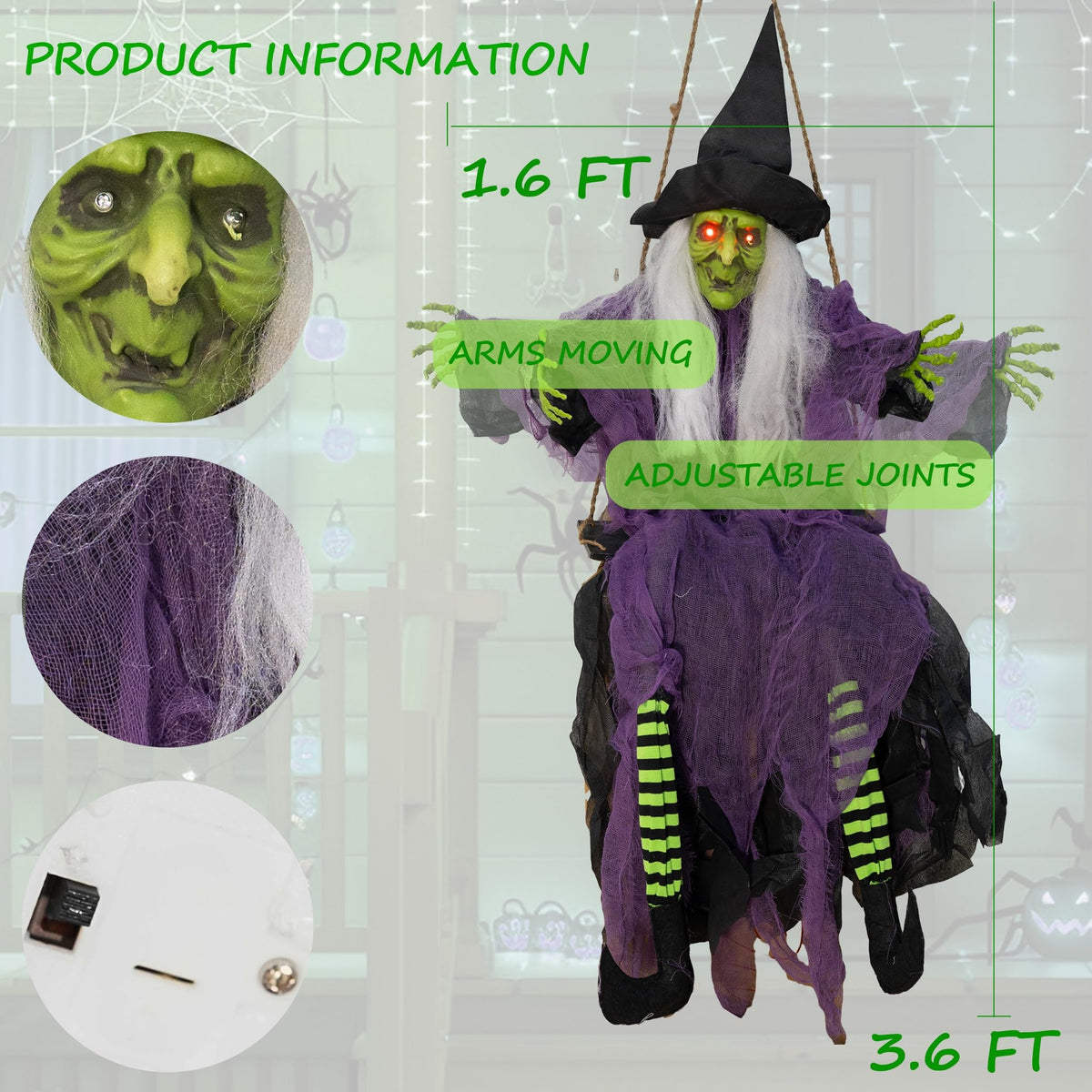 Hourleey 2 Pack Halloween Decorations Outdoor, Swinging 3.6ft Witch and Hanging 4ft Pumpkin Ghost with Lighted Eyes for Haunted House Prop Décor, Halloween Indoor