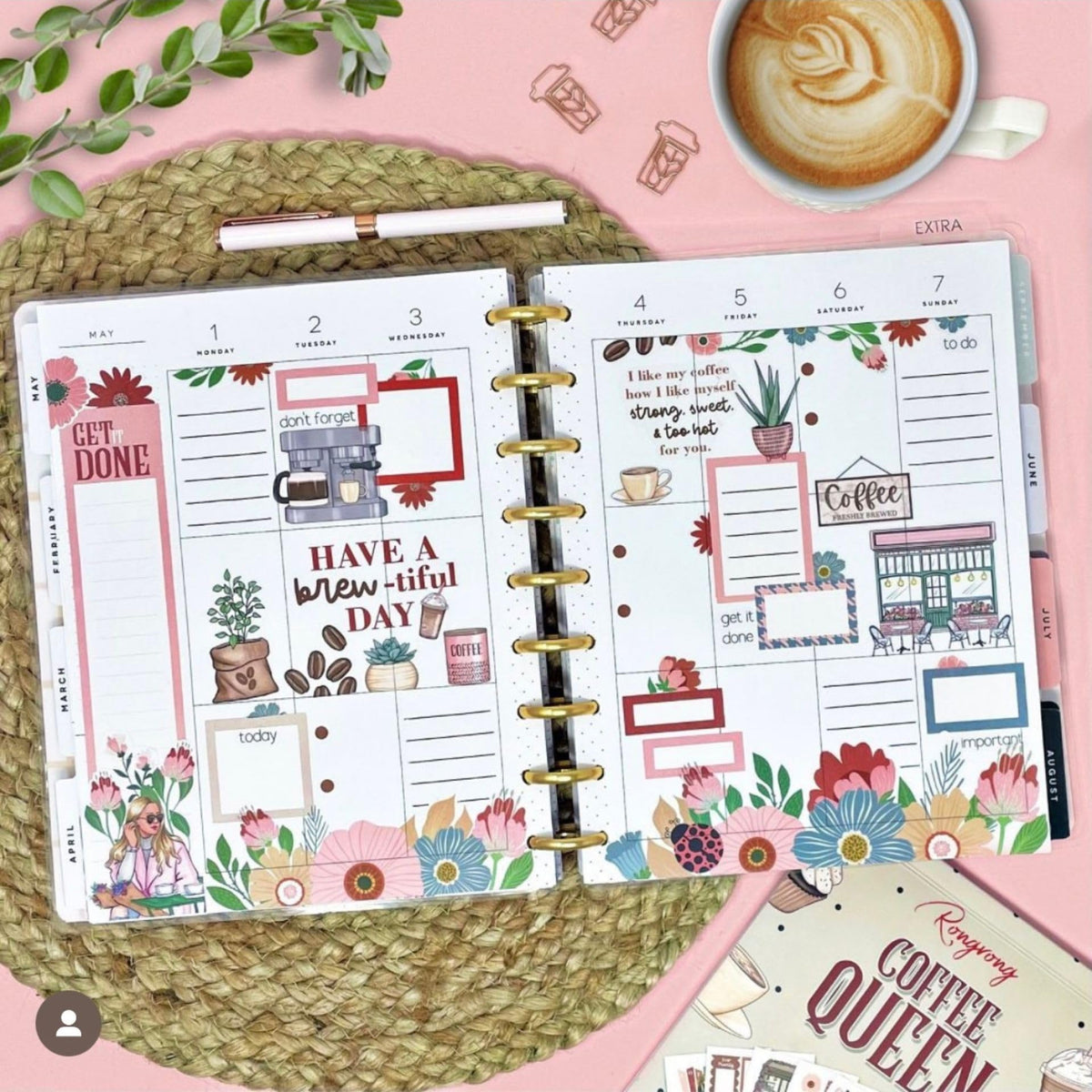 Rongrong Coffee Planner Stickers Book for Planners, Calendars, Journals and Projects – Premium Quality Hand Drawn Perfect for Caffeine Lovers – Scrapbook Accessories – 24 Sheets